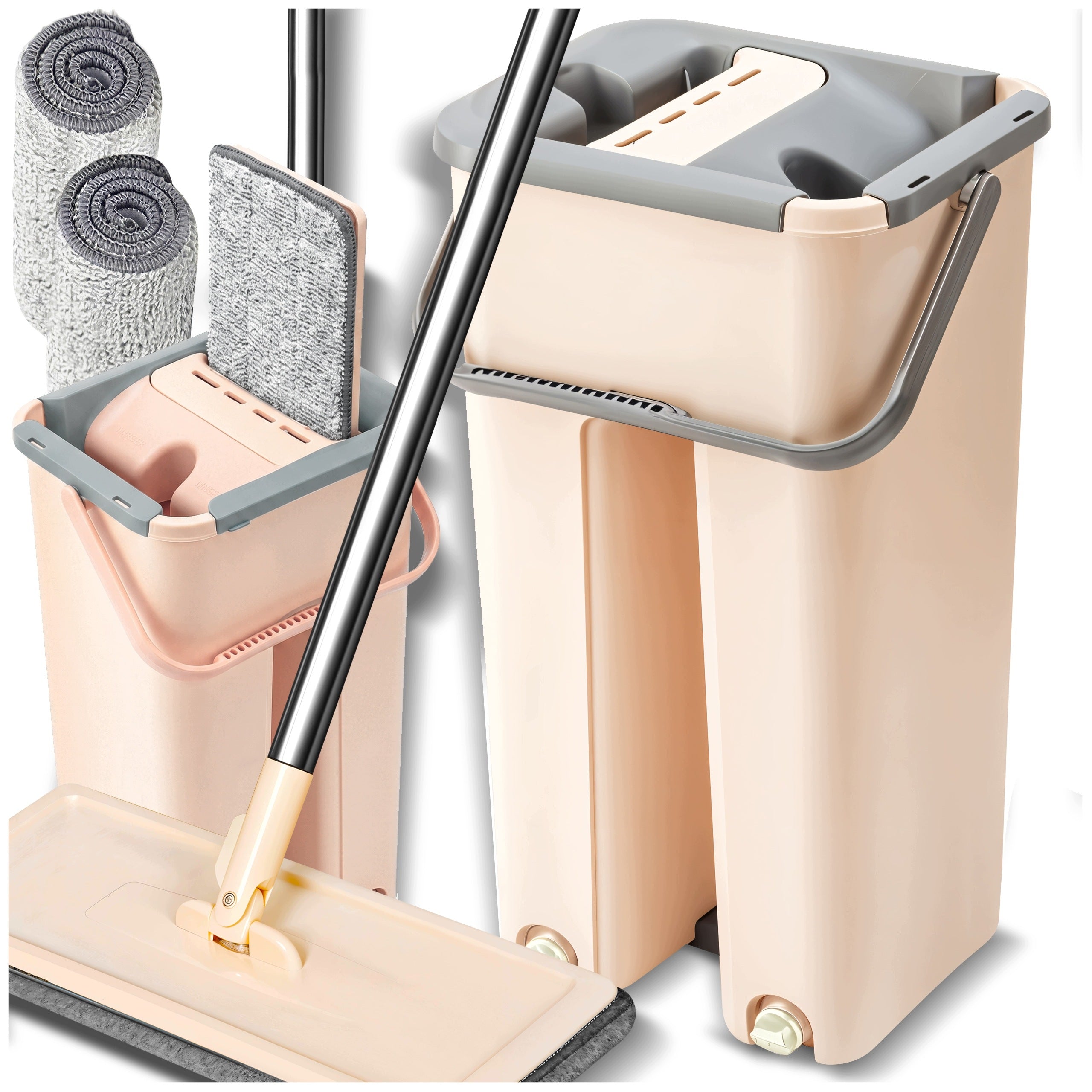 FLAT MOP WITH TWO-CHAMBER BUCKET SQUEEZER + 2 MICROFIBER INSERTS SET