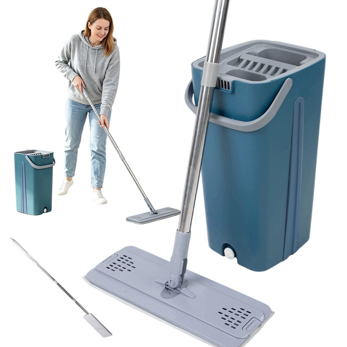 FLAT MOP WITH TWO-CHAMBER BUCKET SQUEEZER + MICROFIBER INSERTS SET