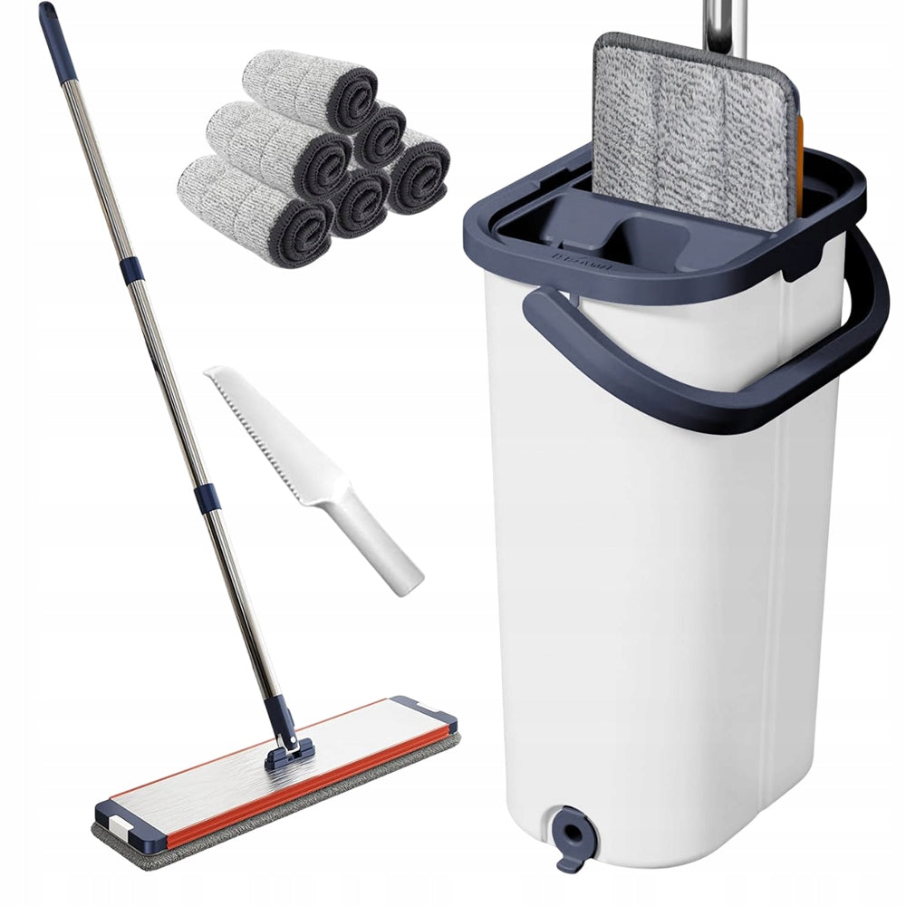 FLAT MOP WITH TWO-CHAMBER BUCKET and 6 microfiber clothS SET