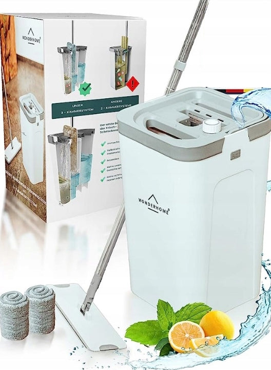 FLAT MOP WITH WONDERHOME BUCKET 3X CARTRIDGE SYSTEM 3 CHAMBER SQUEEZER