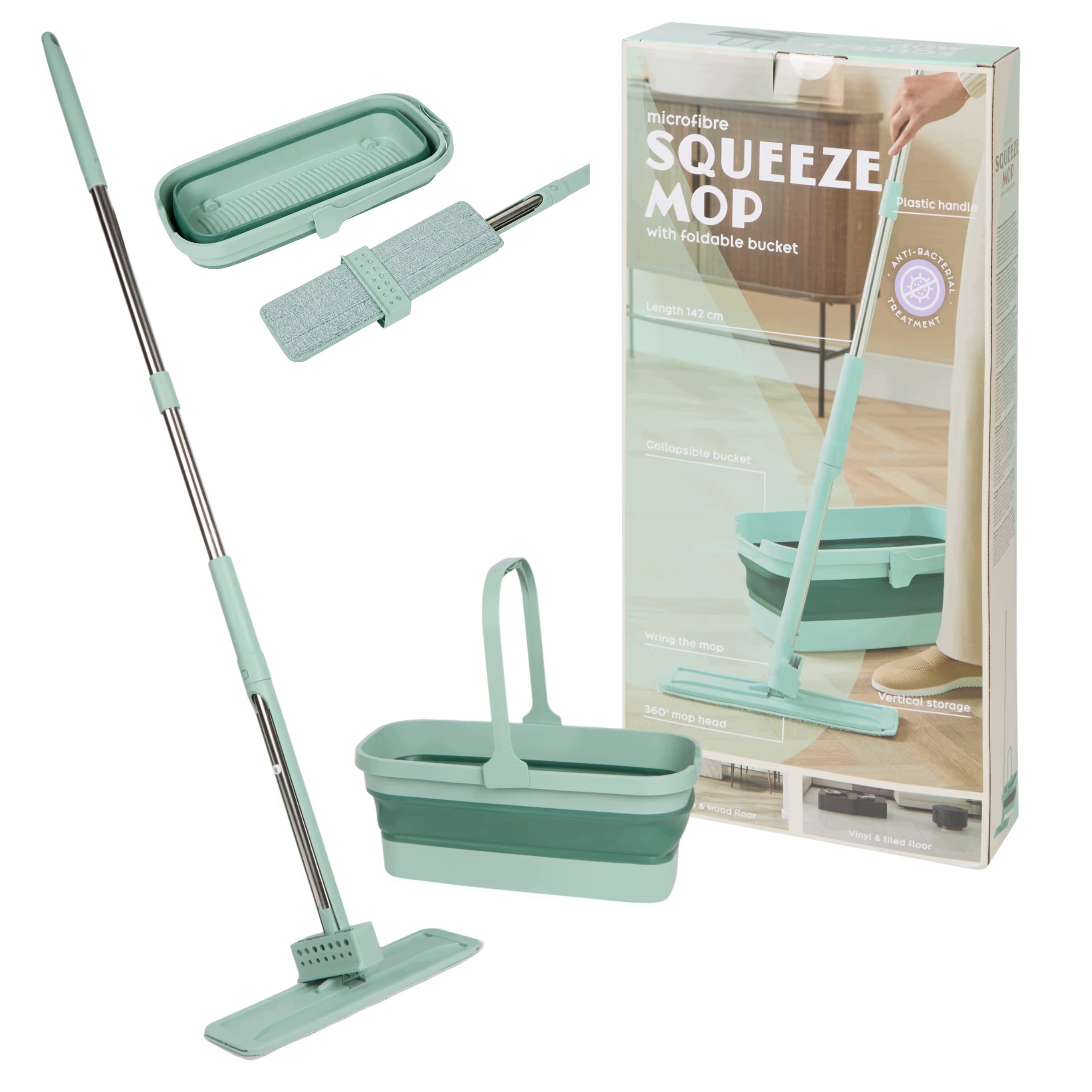 FLAT ROTARY MOP WITH BUCKET FOLDING BUCKET MICROFIBER SQUEEZER 142cm