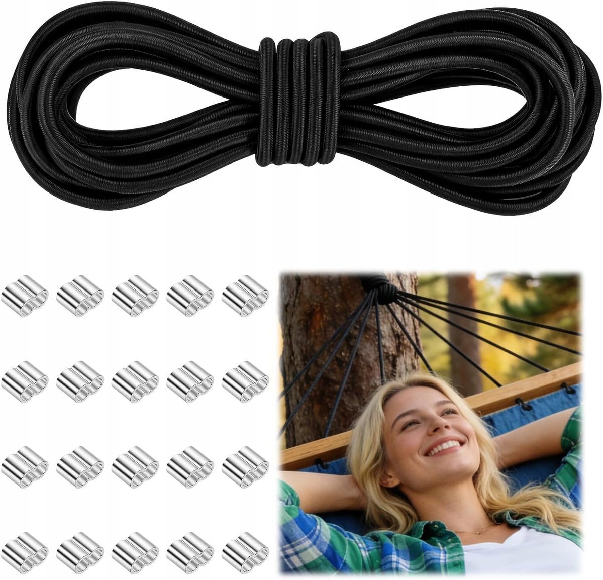 FLEXIBLE ROPE 10MM X 10M WITH 20 ALUMINUM CLAMPS CAMPING