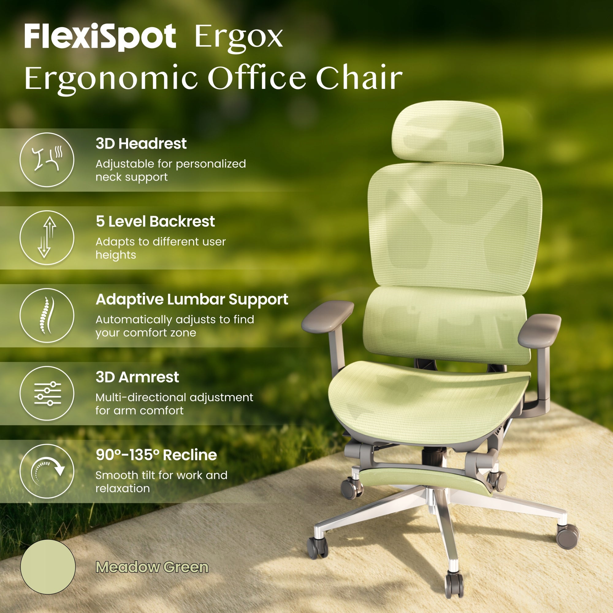 FLEXISPOT Ergox Fotel Biurowy Regulacja 5D Adaptacyjne Lędźwie Siatka 135° Manufacturer code YZ266