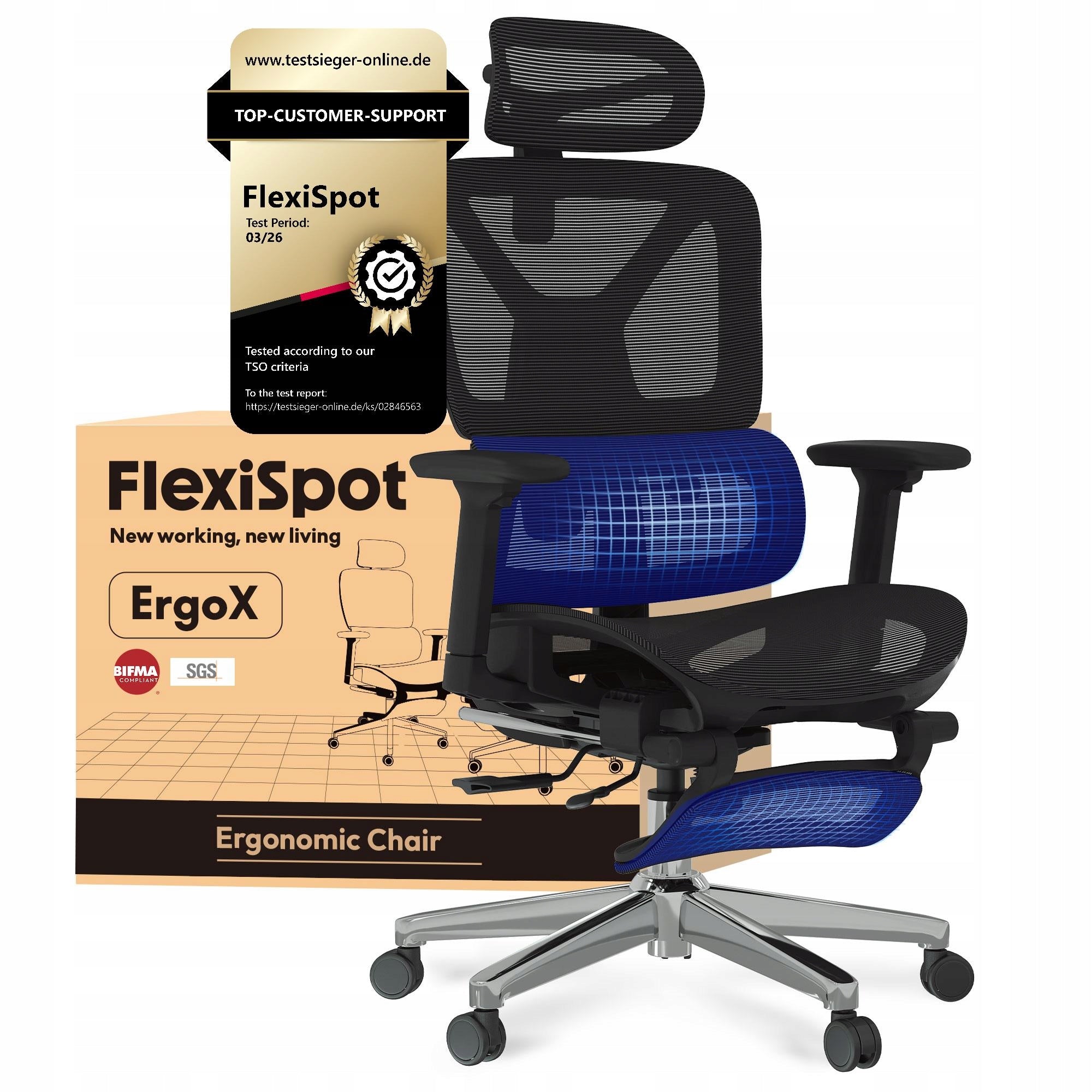 FLEXISPOT Ergox Fotel Biurowy Regulacja 5D Adaptacyjne Lędźwie Siatka 135°