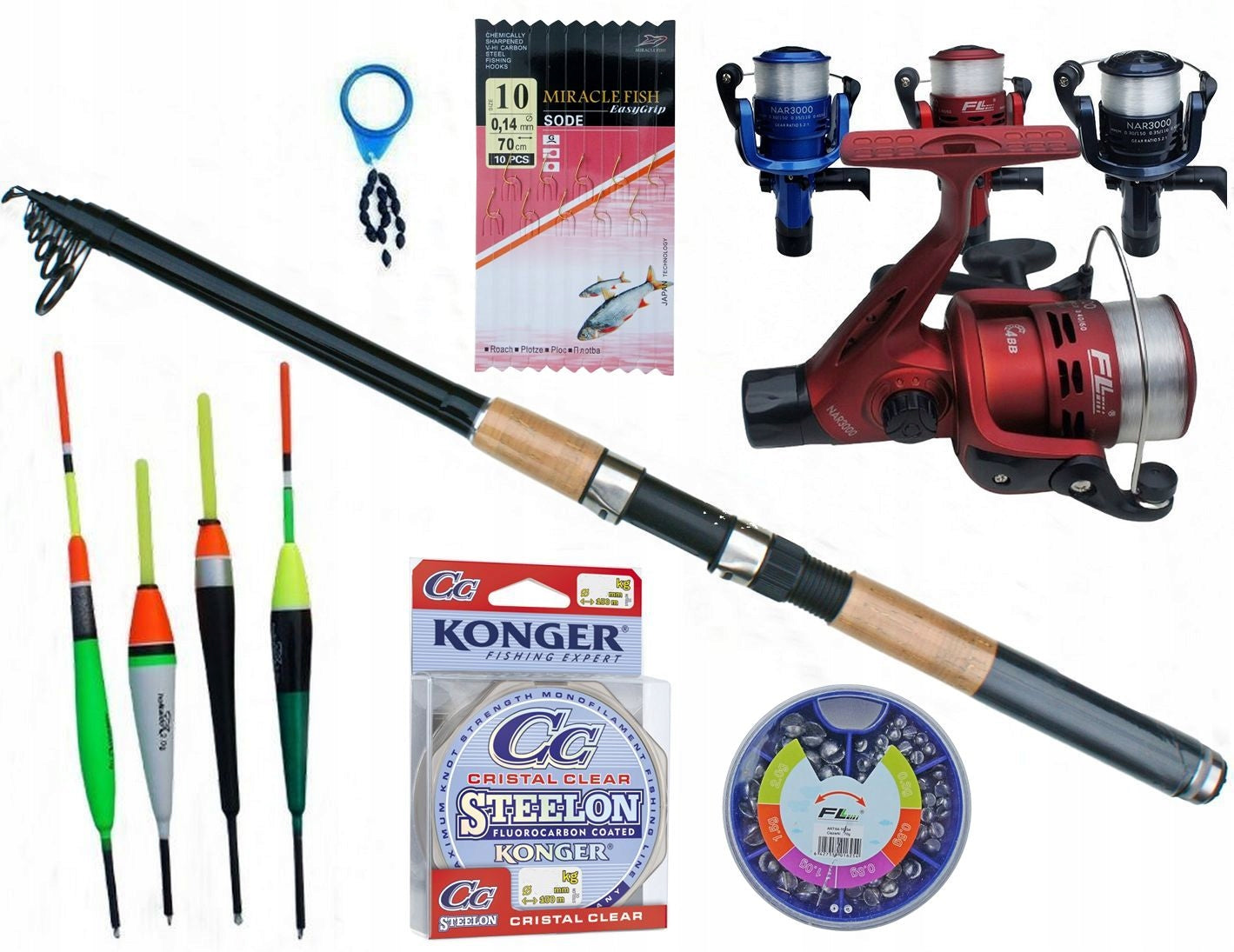 FLOAT SET FISHING ROD 3 m REEL FISHING LINE FLOATS HOOKS for lake pond
