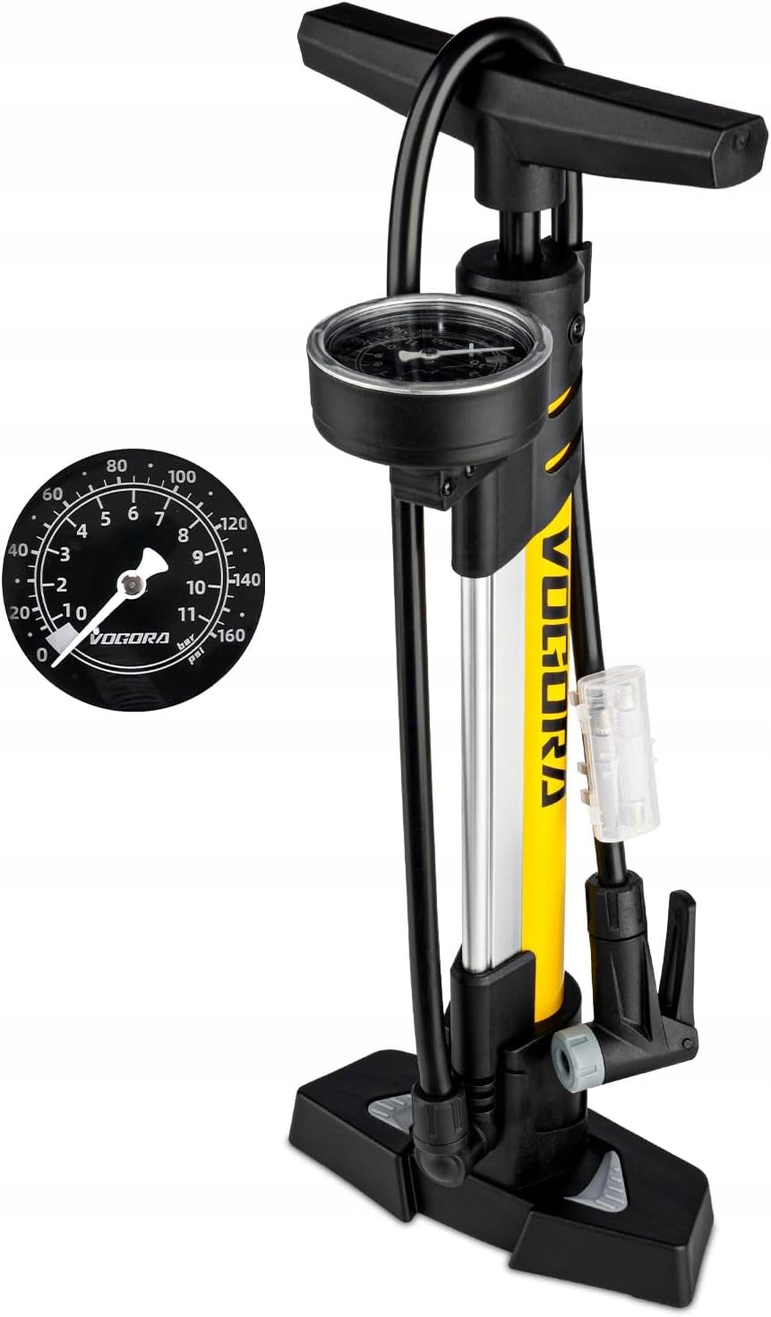 FLOOR BIKE PUMP WITH PRESSURE GAUGE 160 PSI PRESTA AUTO YELLOW VOGORA
