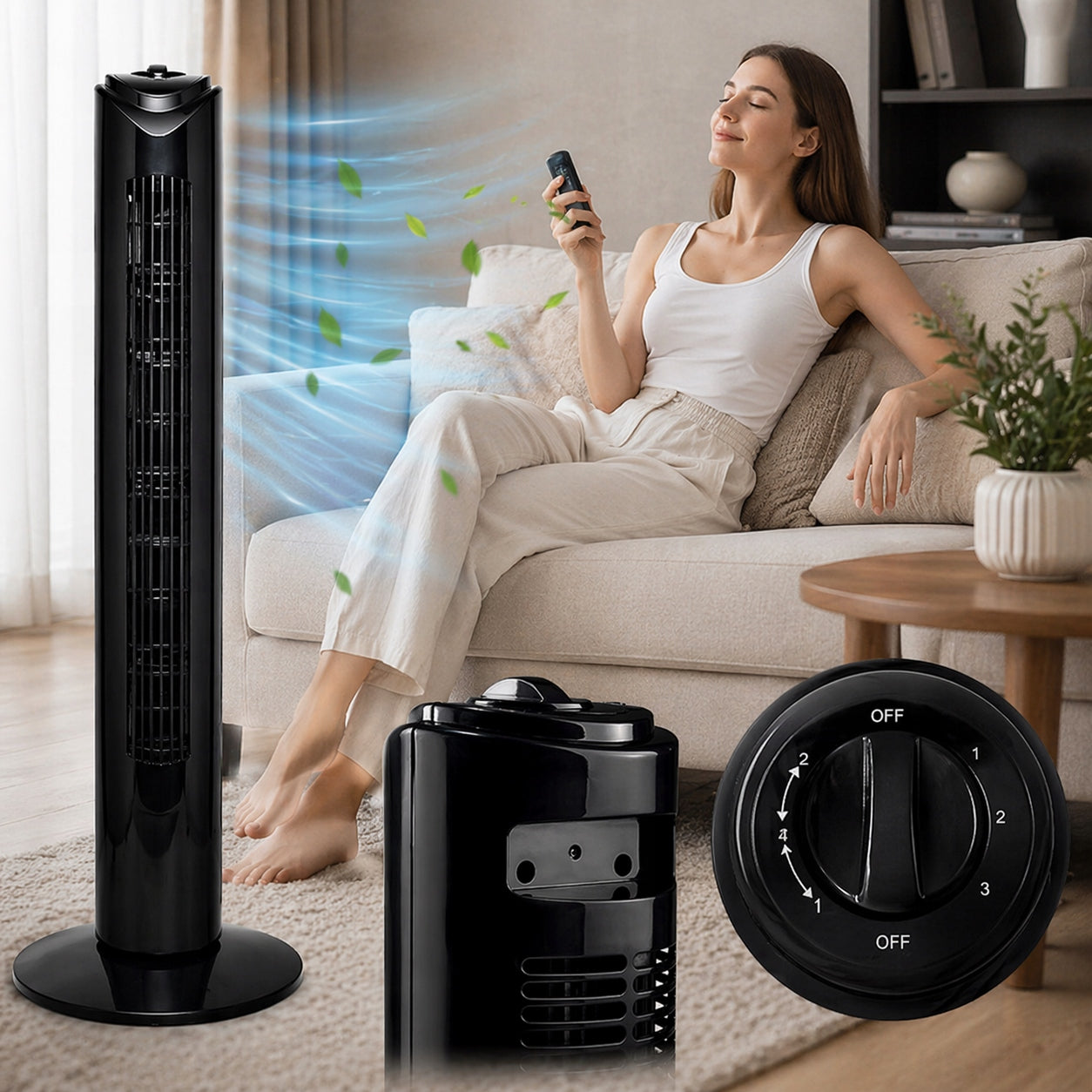 FLOOR COLUMN FAN POWERFUL QUIET TOWER STANDING ROTARY 45W