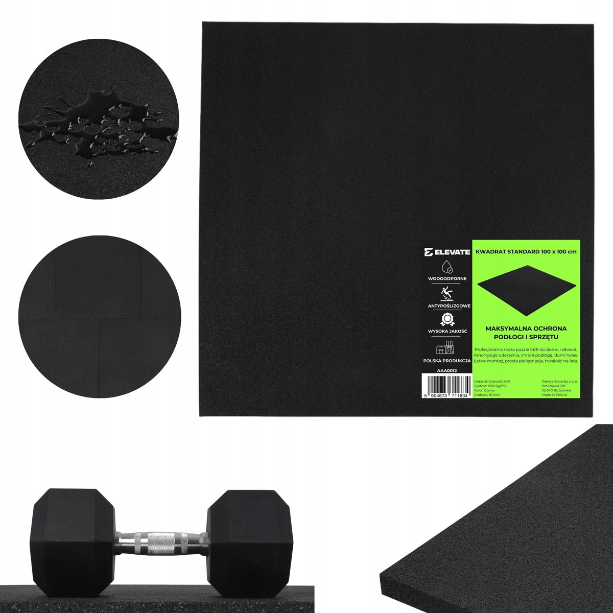 FLOOR MAT RUBBER PROTECTIVE SQUARE 100x100 FOR GYM FOR EQUIPMENT 10mm