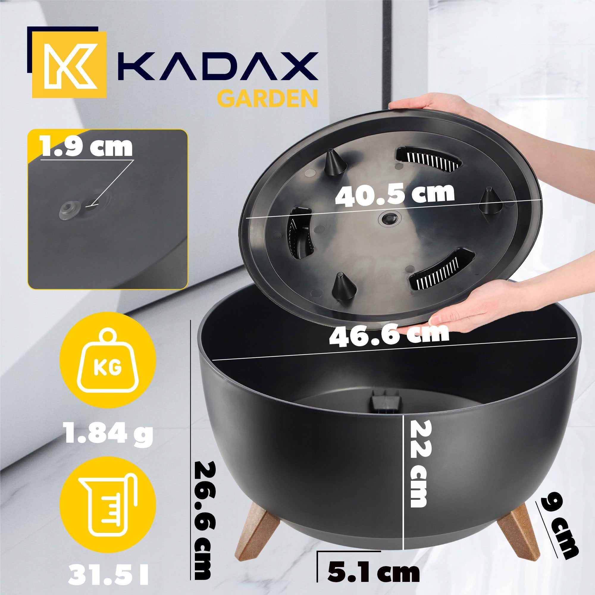 FLOWER POT 47 cm COVER + INSERT LEGS FLOWER STAND BLACK Brand Kadax