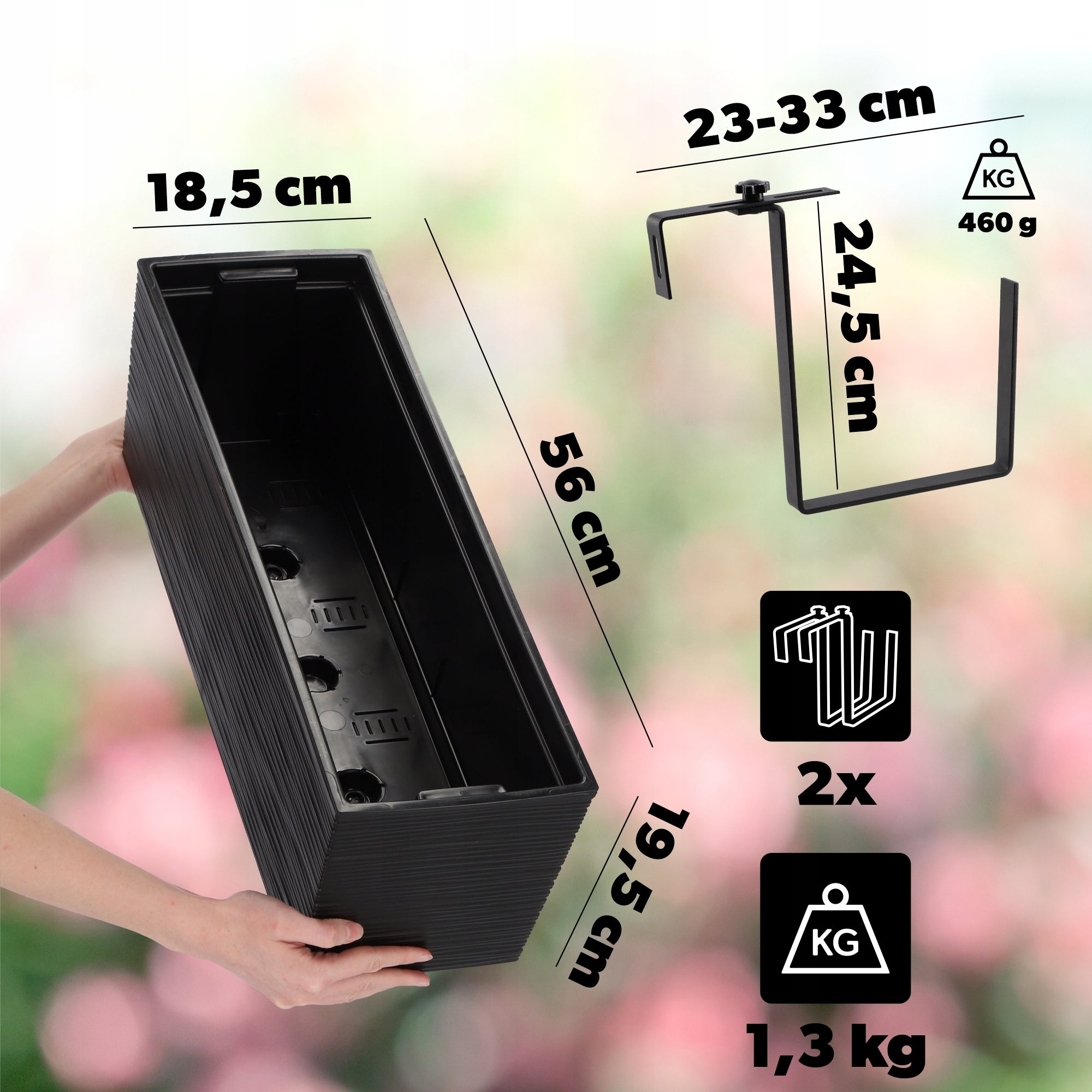 FLOWER POT BALCONY BOX WITH CARTRIDGE FLOWERBED 19x56cm + HANDLES Brand Kadax