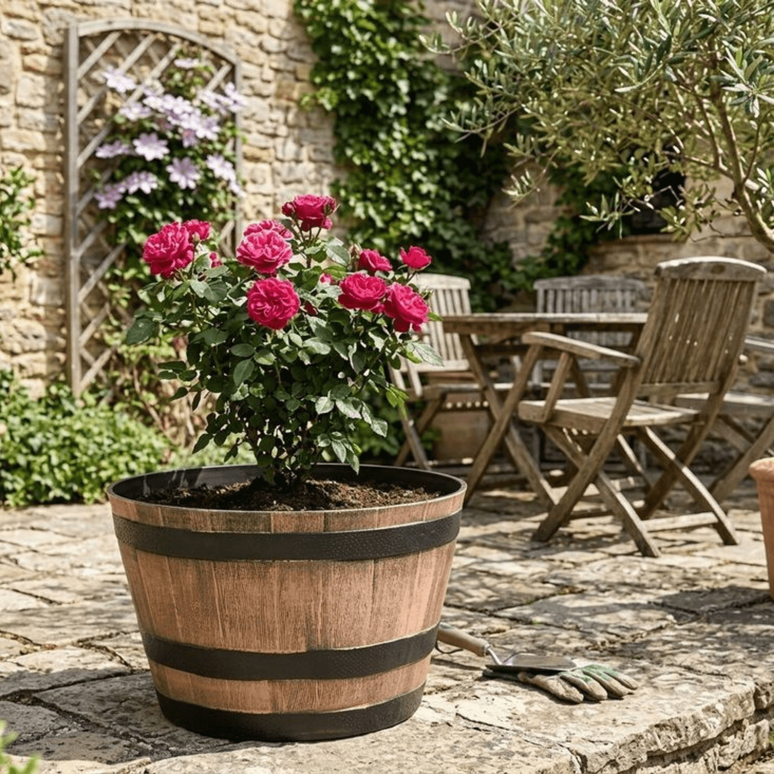 FLOWER POT BARREL PLANTER TERRACE BALCONY WOOD EFFECT 50x32cm 45L FOR FLOWERS Color brown