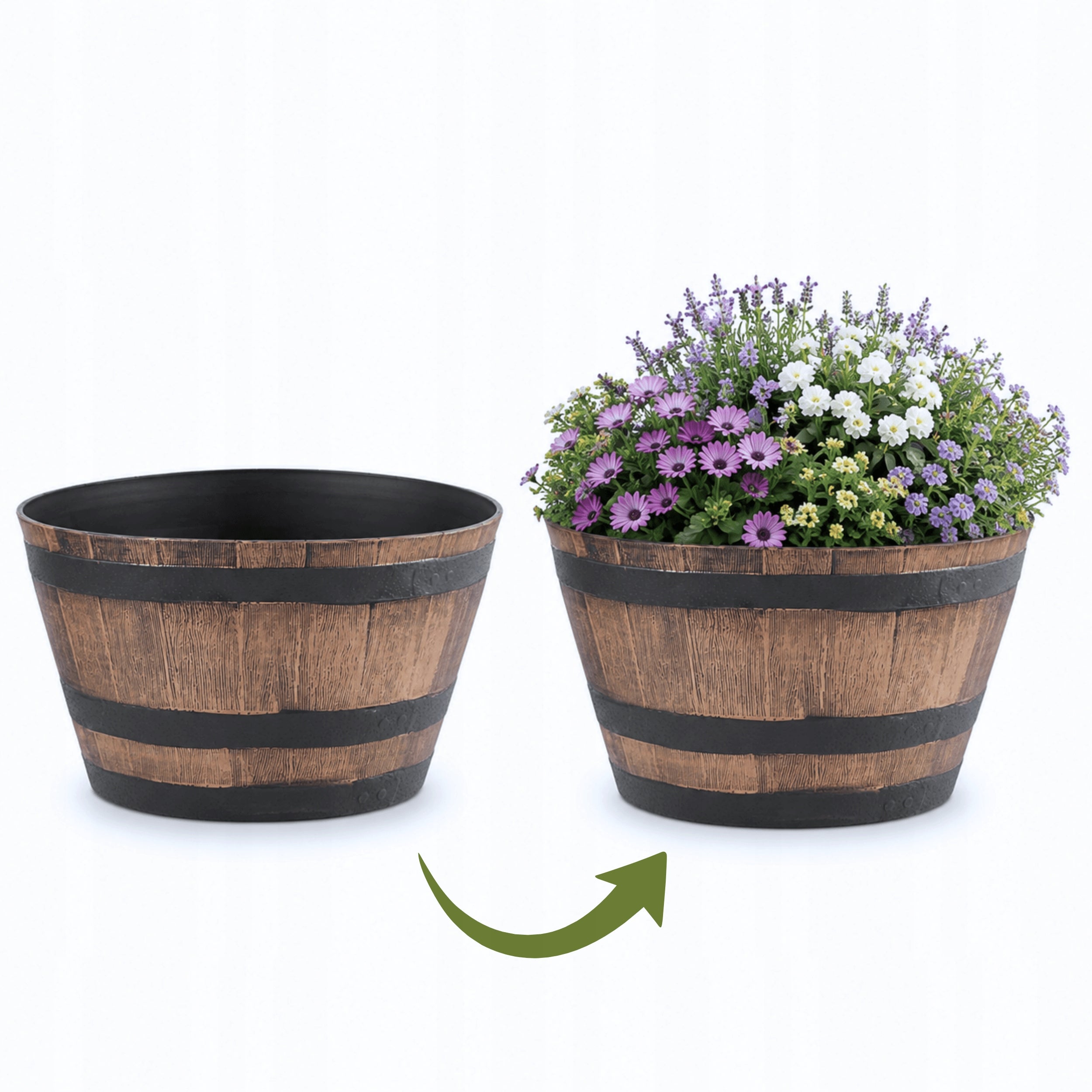 FLOWER POT BARREL PLANTER TERRACE BALCONY WOOD EFFECT 50x32cm 45L FOR FLOWERS Product height 32 cm