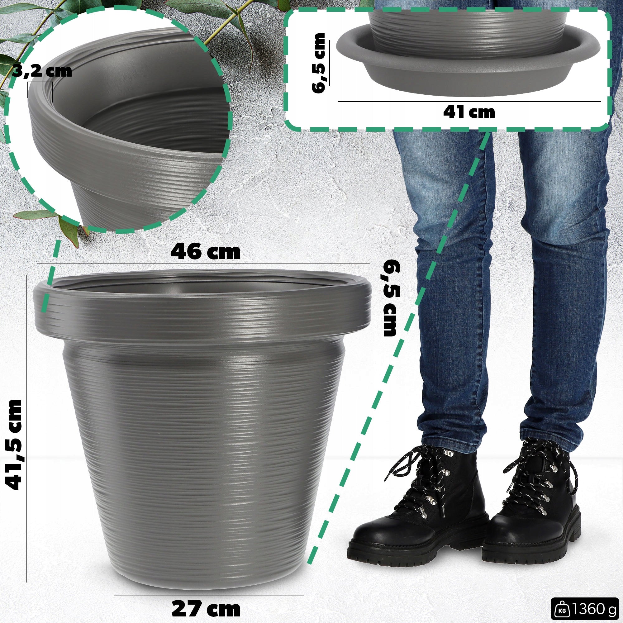 FLOWER POT GARDEN FLOWER POT 46cm COVER WITH STAND LARGE GREY Material synthetic material