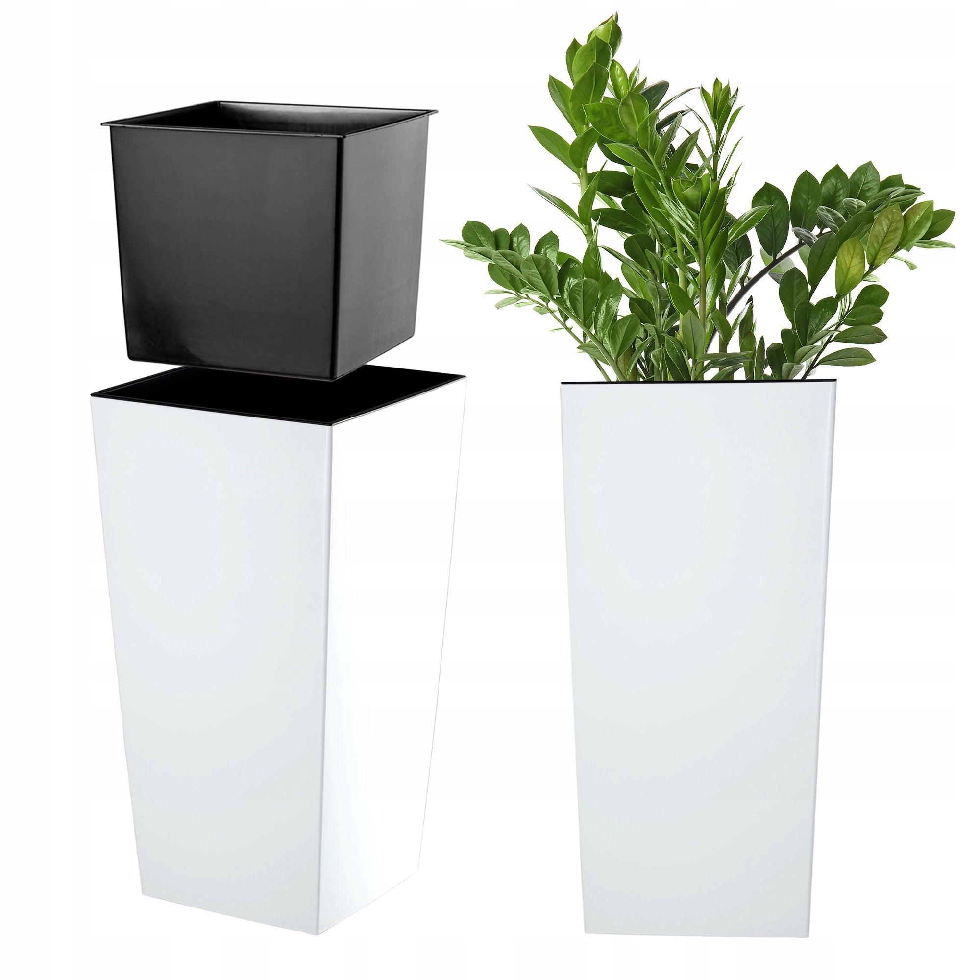 FLOWER POT GARDEN PLANTER + CARTRIDGE 24 x 47 cm HIGH LARGE WHITE GLOSS FLOWERS