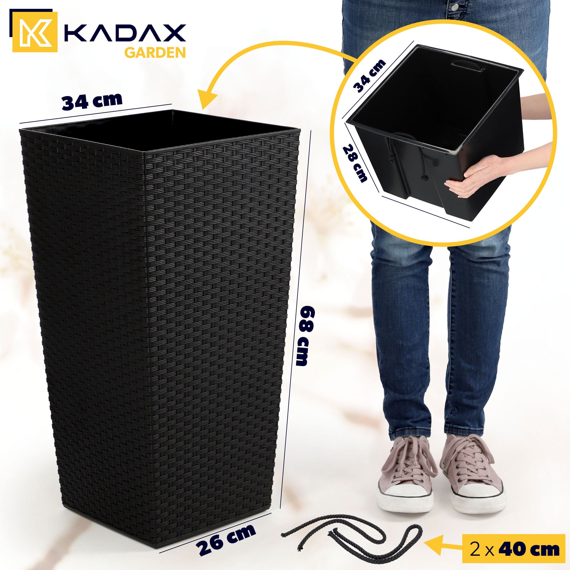 FLOWER POT GARDEN PLANTER WITH FLOWER INSERT LARGE HIGH 34x68 cm BLACK Brand Kadax