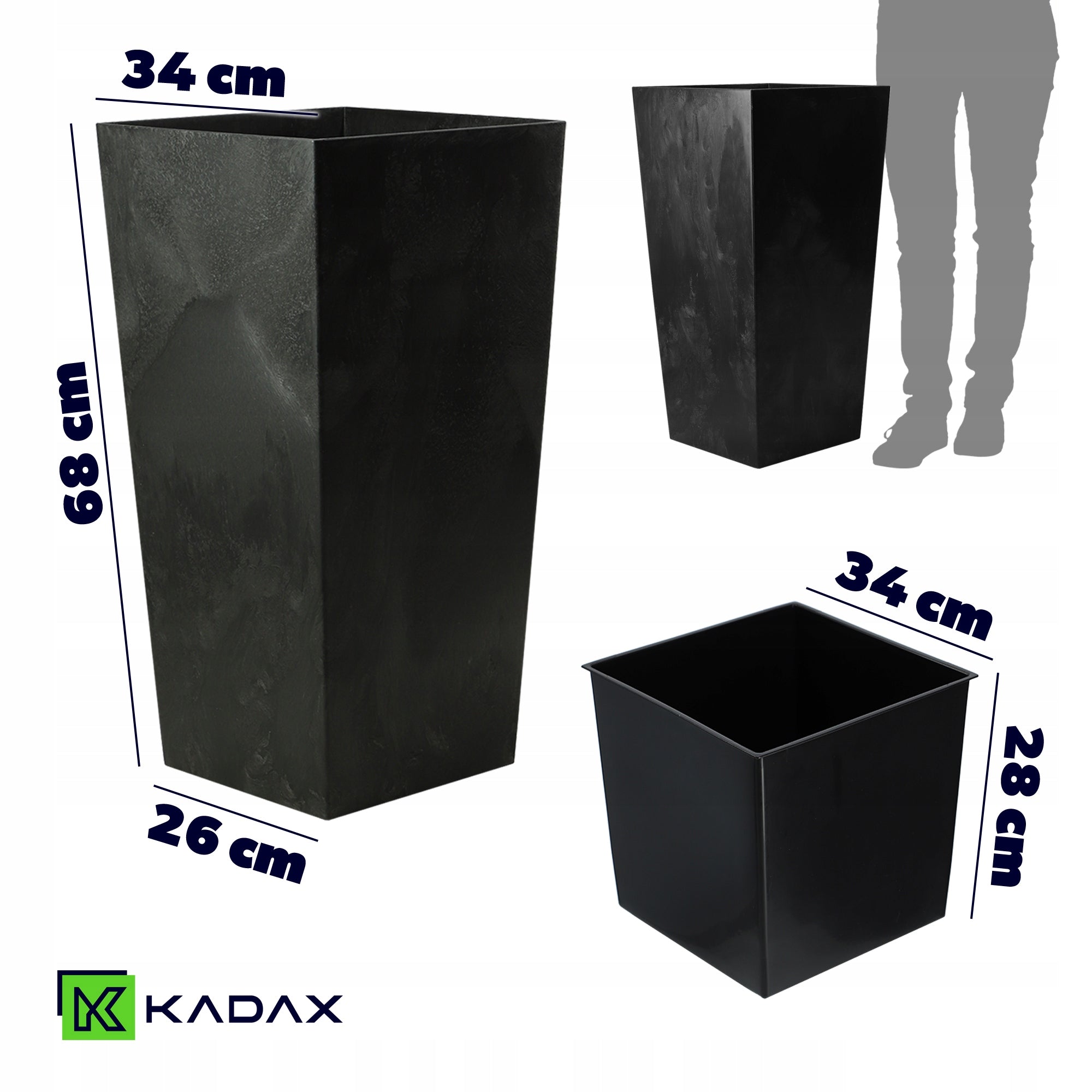 FLOWER POT GARDEN PLANTER WITH FLOWER INSERT LARGE HIGH BLACK 34x68cm Brand Kadax