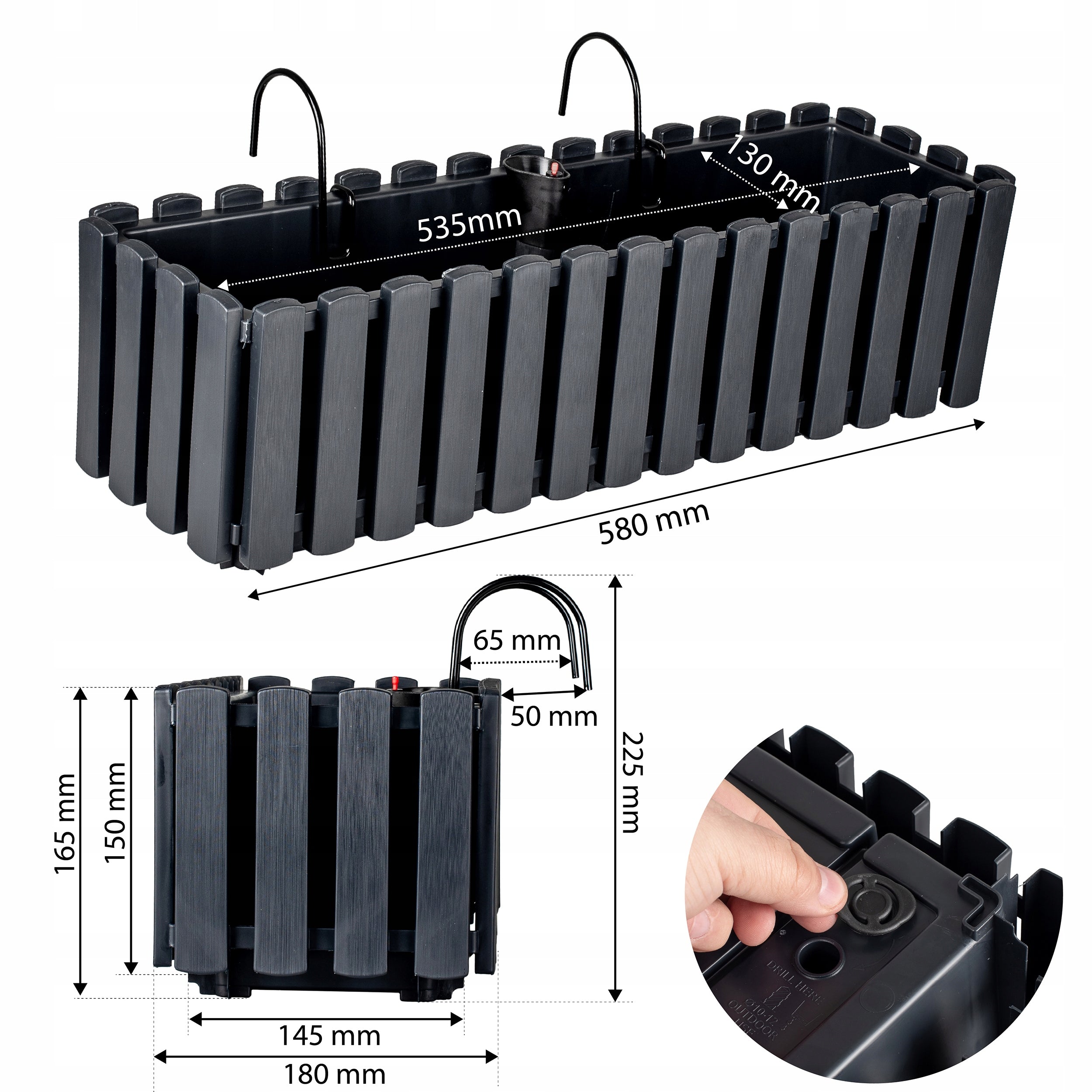 FLOWER POT HANGING FLOWERBED FENCE BALCONY BOX FOR BALUSTRADE 58cm Manufacturer code Donica wisząca z haczykami płot BX15168