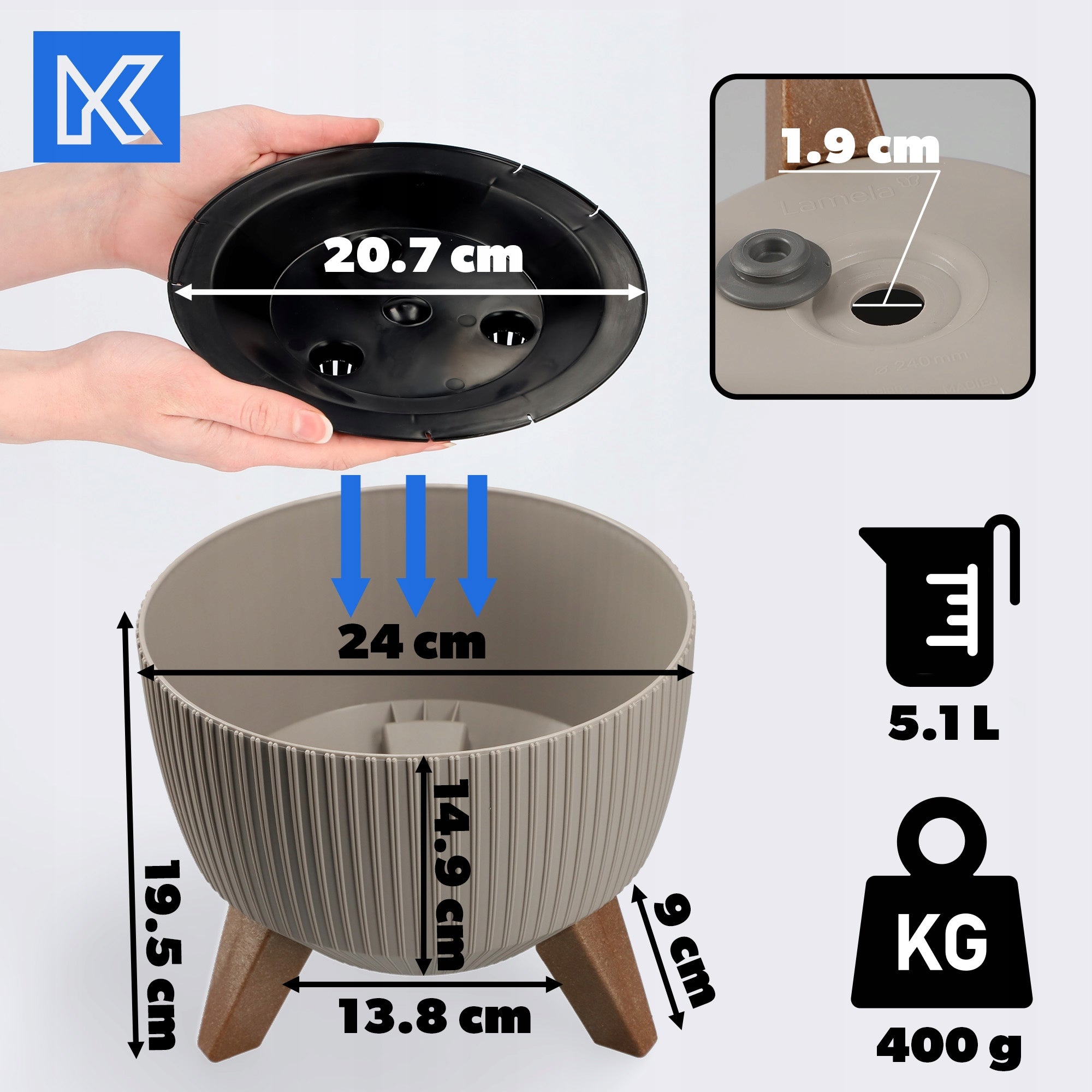 FLOWER POT PLANTER COVER ON LEGS CARTRIDGE FLOWERBED 24cm BEIGE ROUND BOWL Brand Kadax