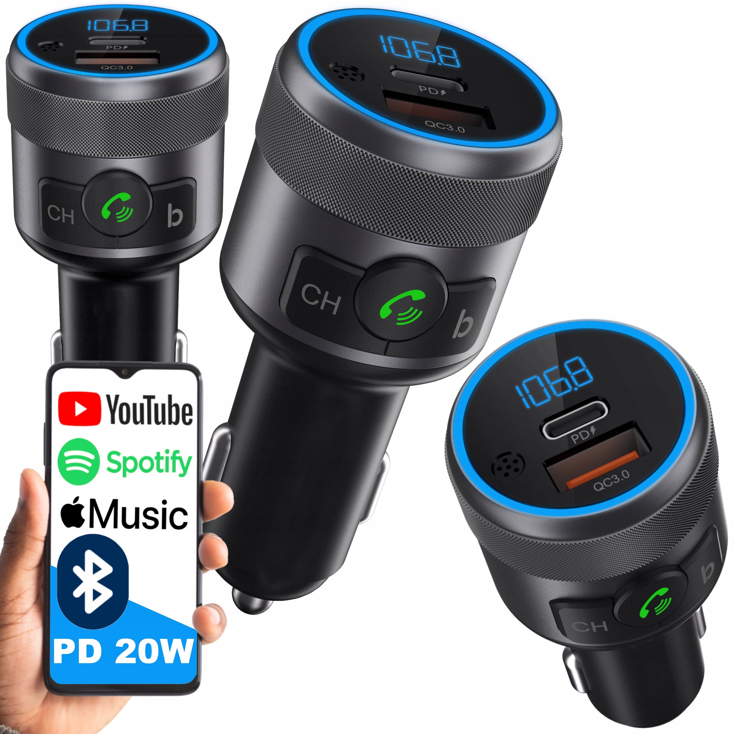 FM BLUETOOTH TRANSMITTER USB TYPE C QC 3.0 + PD BASS PD 20W