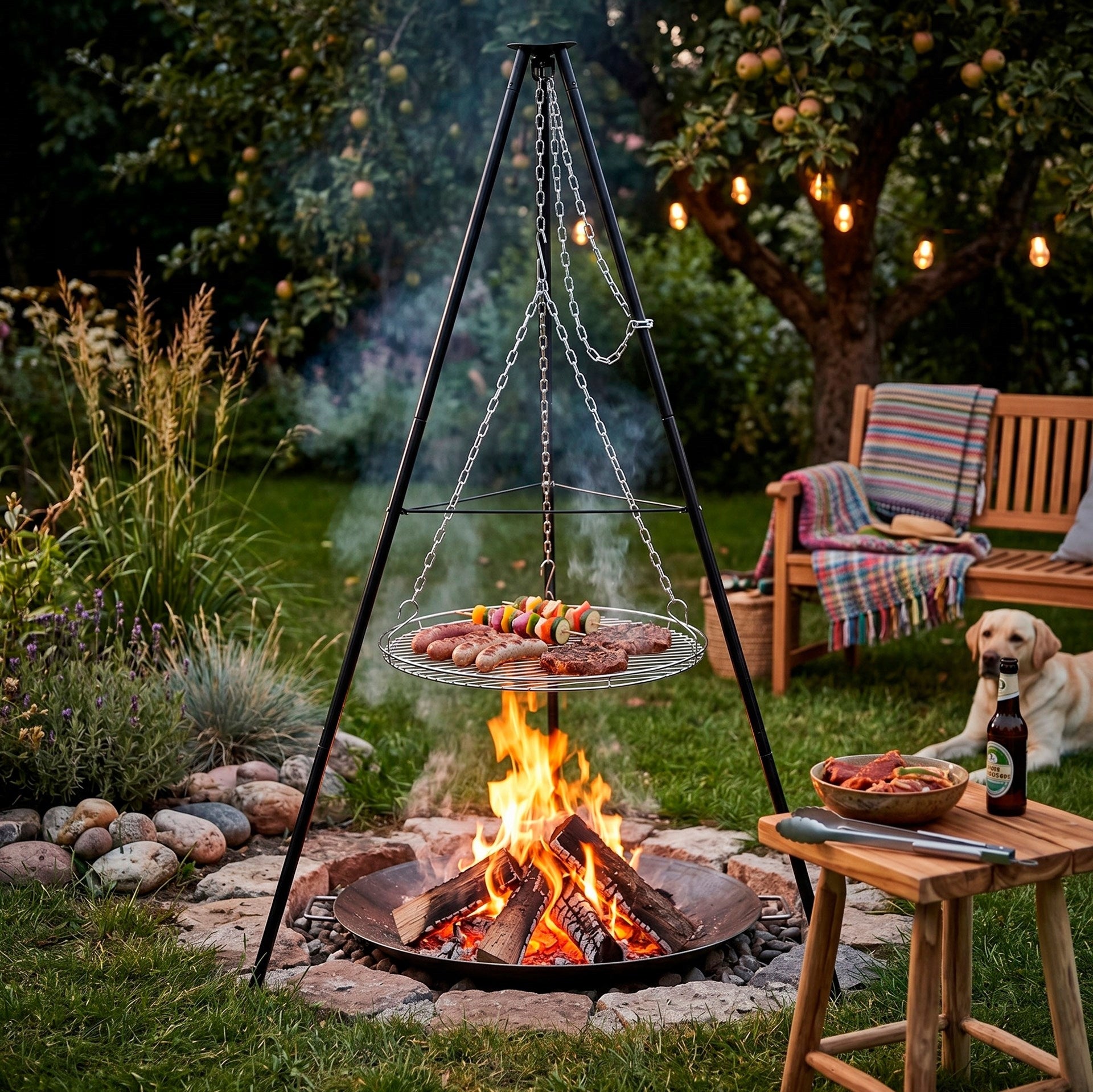 FOCAL GRILL HANGING GRATE 50cm LARGE TRIPOD STAND OVER FIREPLACE STEEL Product height 152 cm