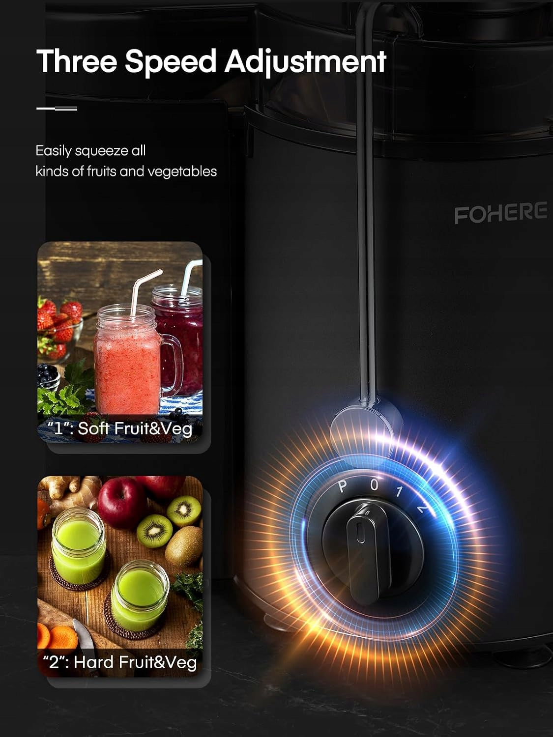 FOHERE centrifugal juicer 400W 2023 Stainless Steel 3 Speeds Black Dominant color black