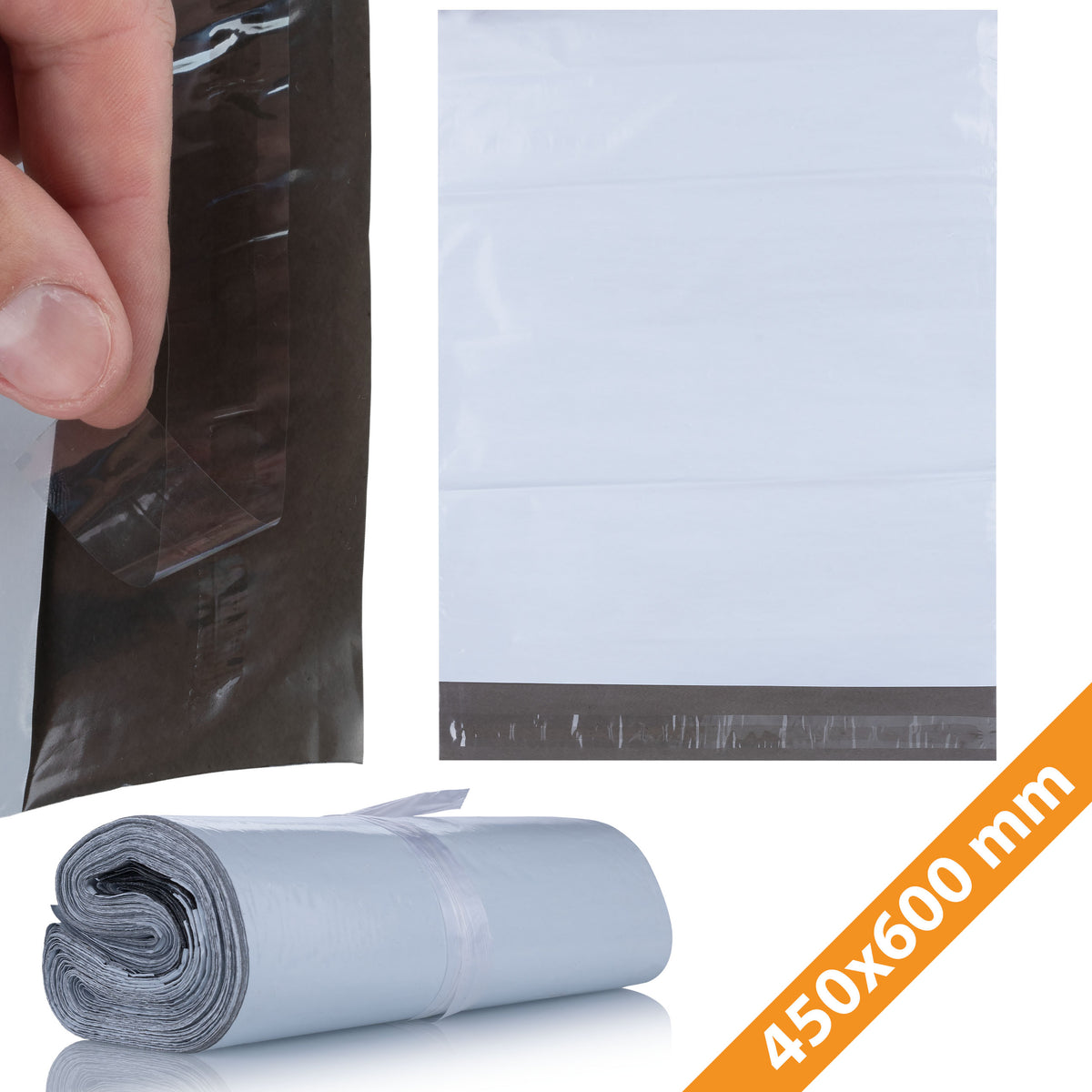 FOIL PACKS COURIER ROSFIX WHITE LDPE 450X600 100PCS WITH TAPE FOR SHIPPING
