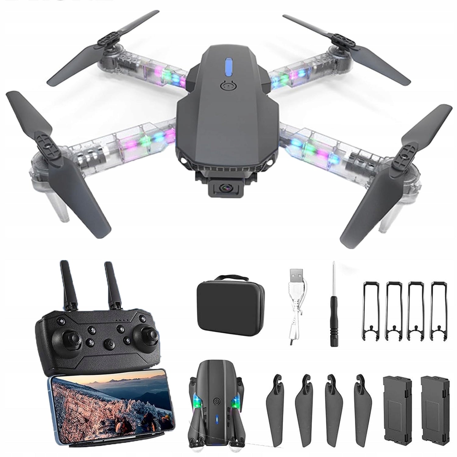 FOLDABLE MINI DRONE QUADCOPTER WITH WIFI CAMERA 2X 1800MAH USB COLOR LED