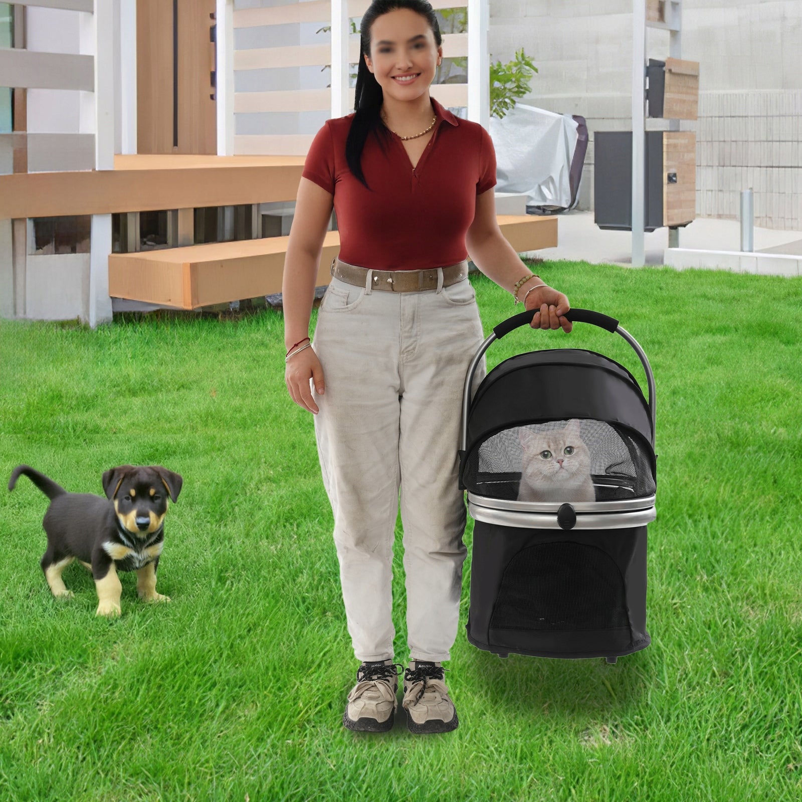 FOLDABLE SMALL PET STROLLER DOGS CATS TROLLEY DETACHABLE BASKET Color black