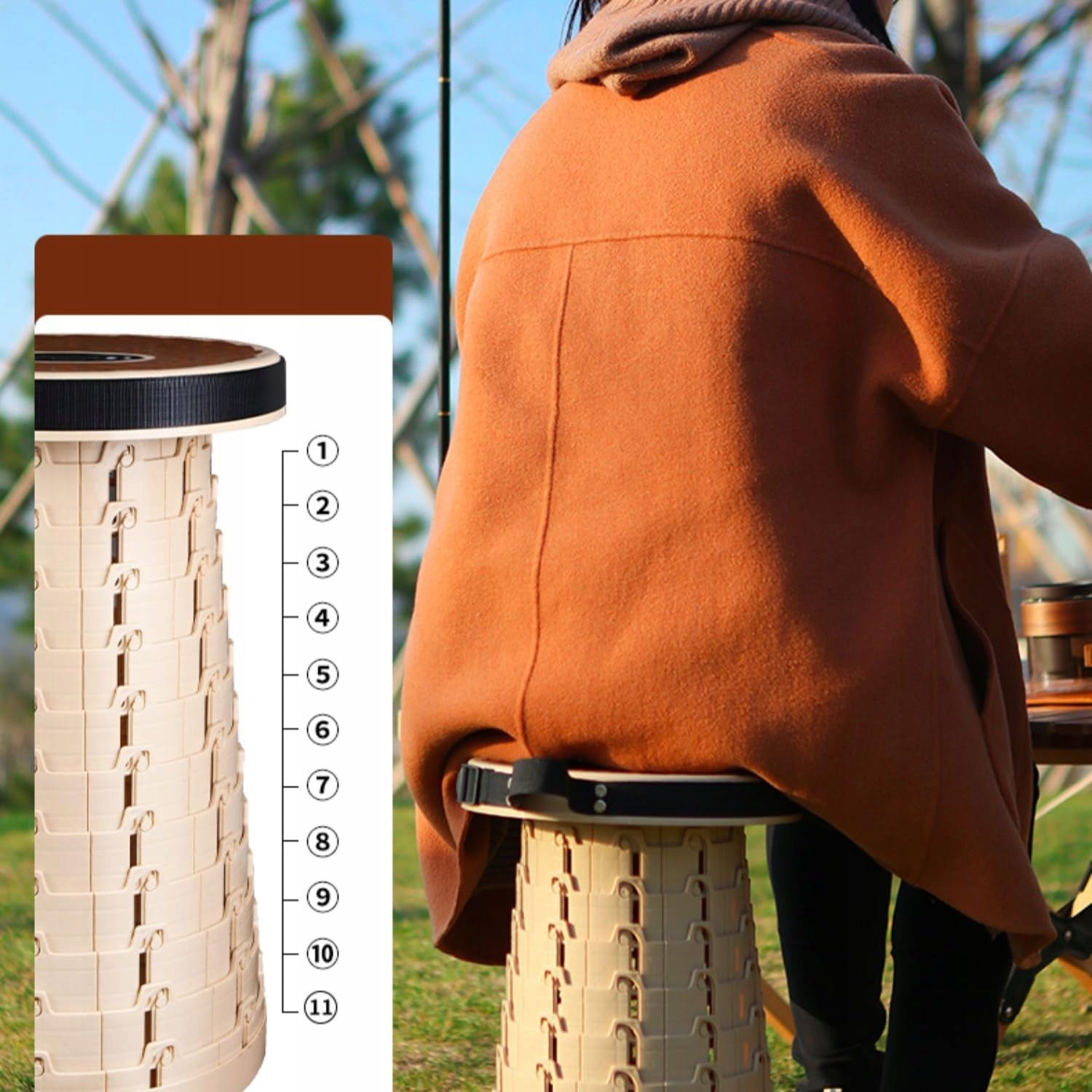FOLDING CAMPING STOOL, LOAD CAPACITY 300 KG, HEIGHT ADJUSTMENT, PORTABLE Manufacturer code krzesło składane