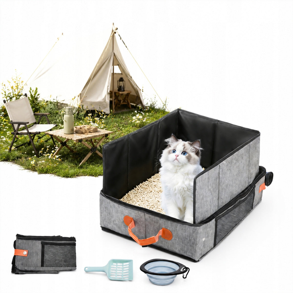 FOLDING CAT TRAVEL LITTER BOX PORTABLE WATERPROOF SPATULA BOWL