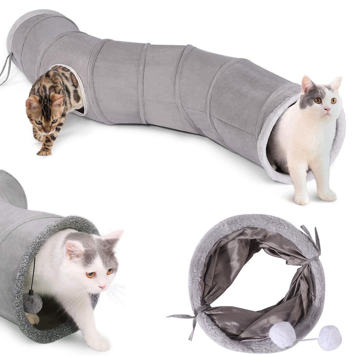 FOLDING CAT TUNNEL – GIANT GREY WITH BALL TOY FOR CATS