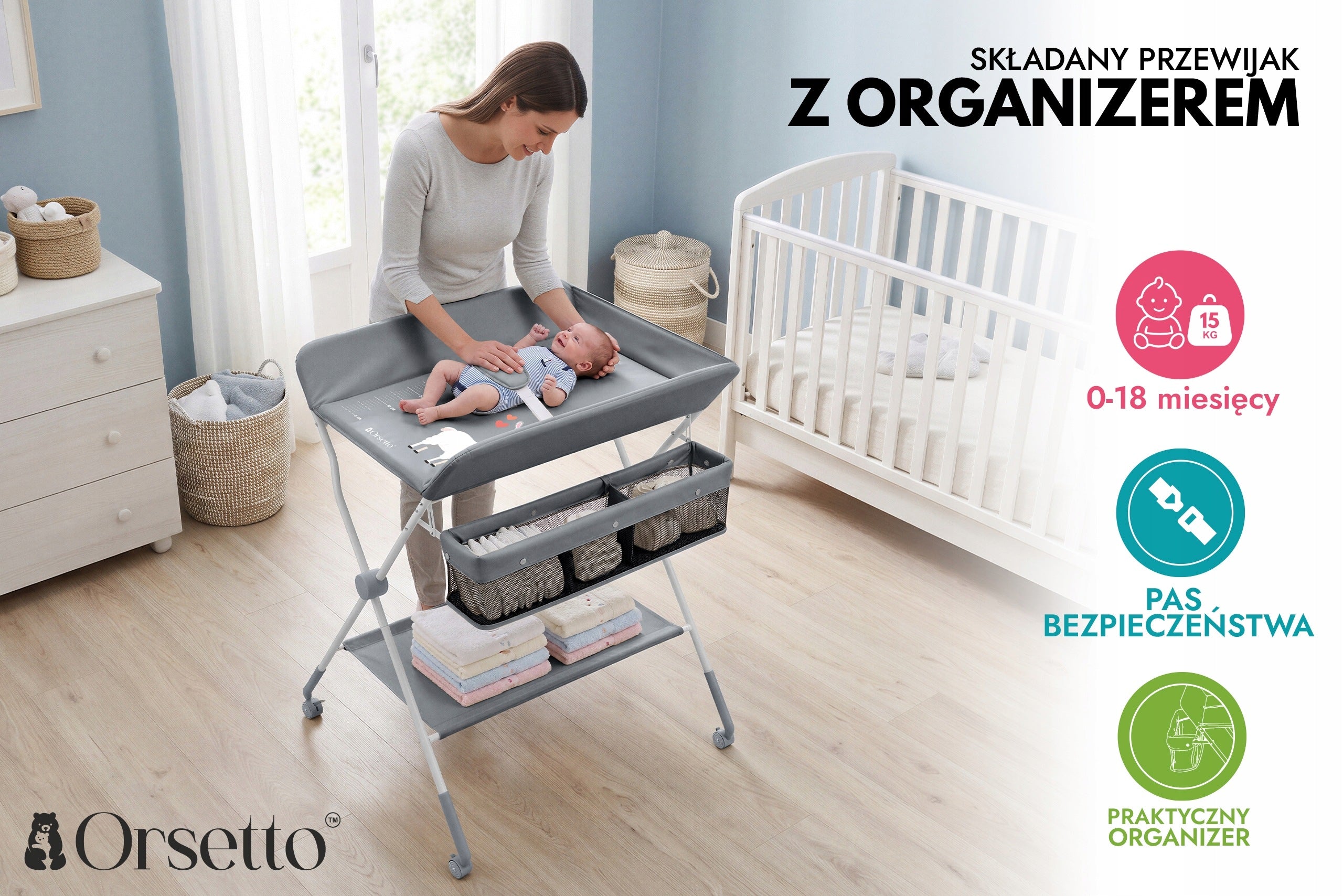 FOLDING CHANGING TABLE ON WHEELS WITH ORGANIZER ORSETTO DARK GREY Manufacturer code 5905226127133