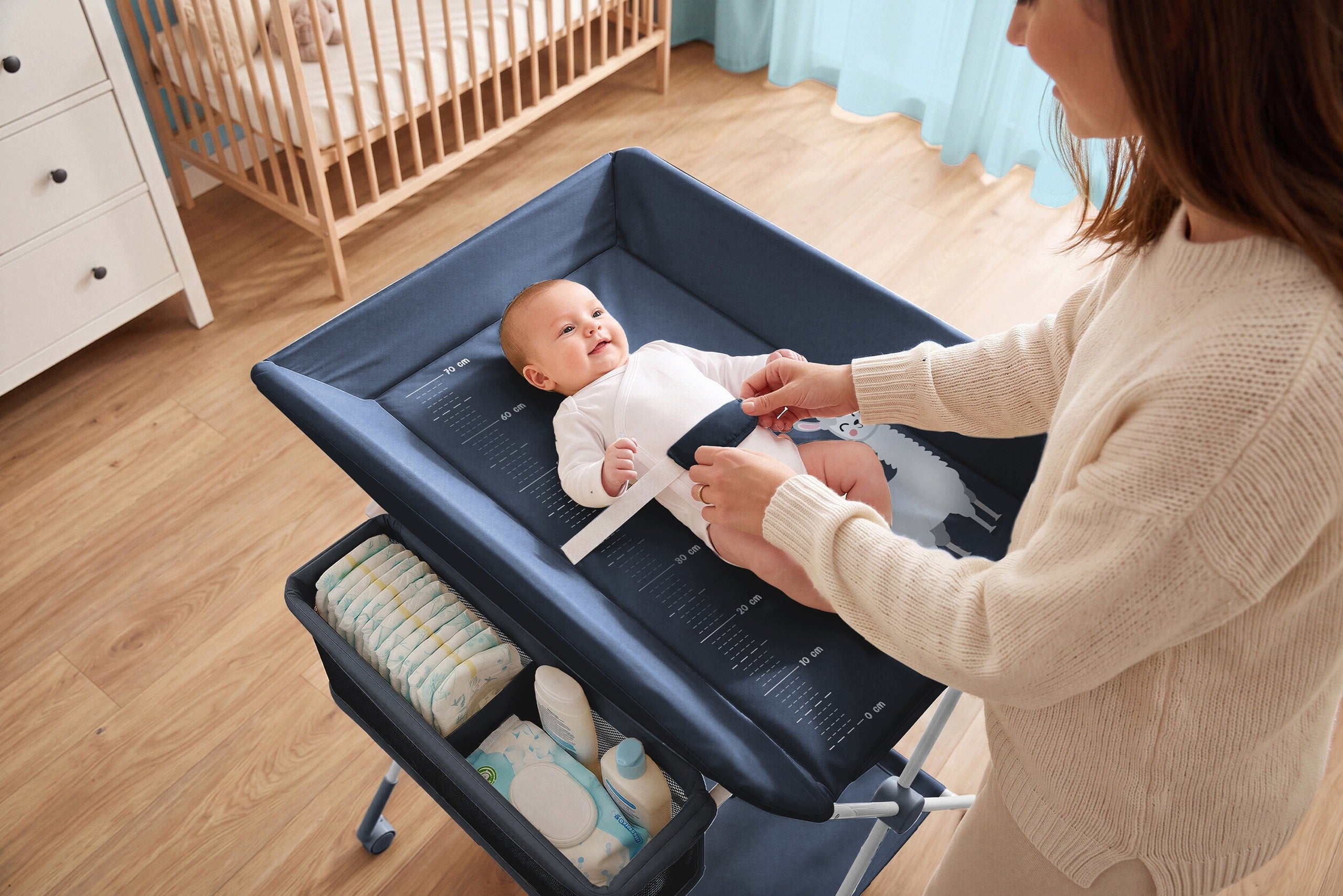 FOLDING CHANGING TABLE ON WHEELS WITH ORGANIZER ORSETTO NAVY BLUE Color blue