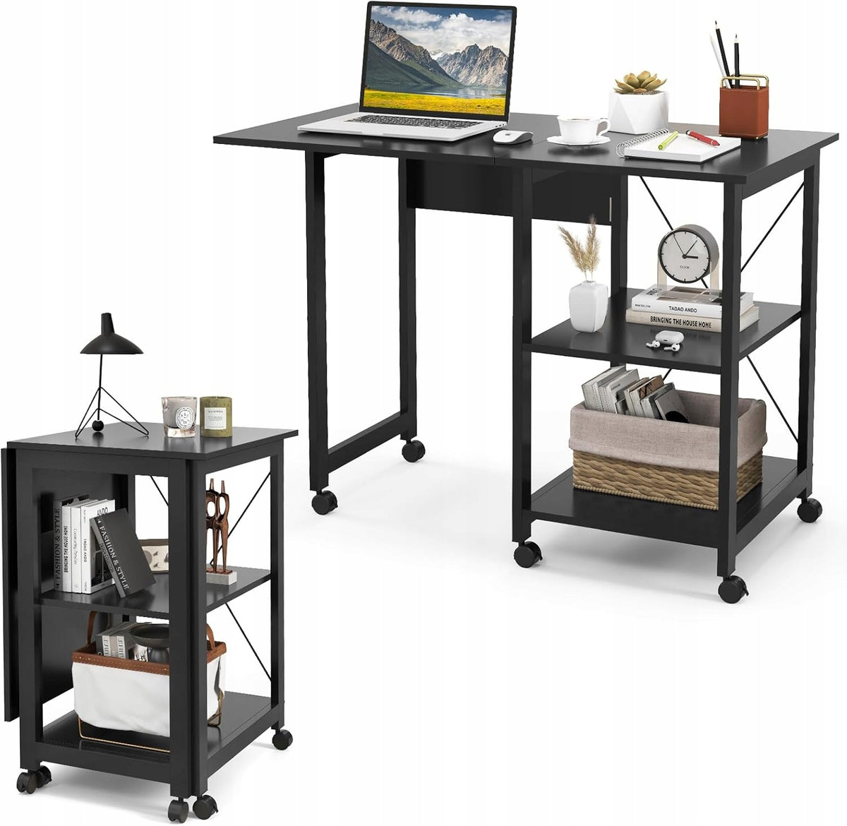 FOLDING DESK WITH SHELVES MOBILE DURABLE LOCKABLE COUNTERTOP IDEAL FOR HOME