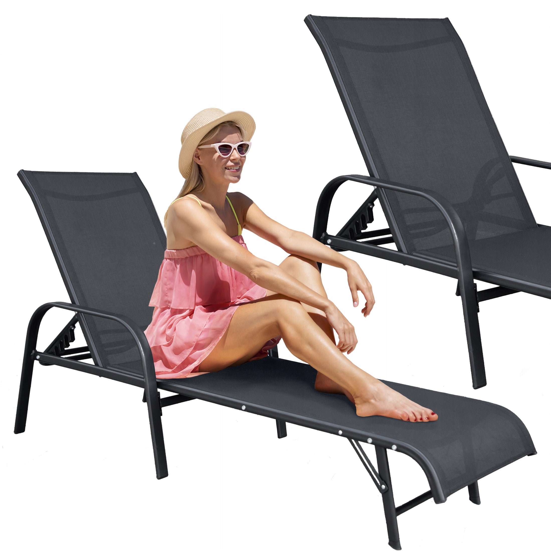 FOLDING GARDEN COUCH ADJUSTABLE BACKREST STEEL BEACH CHAIR SUN LOUNGER Color black