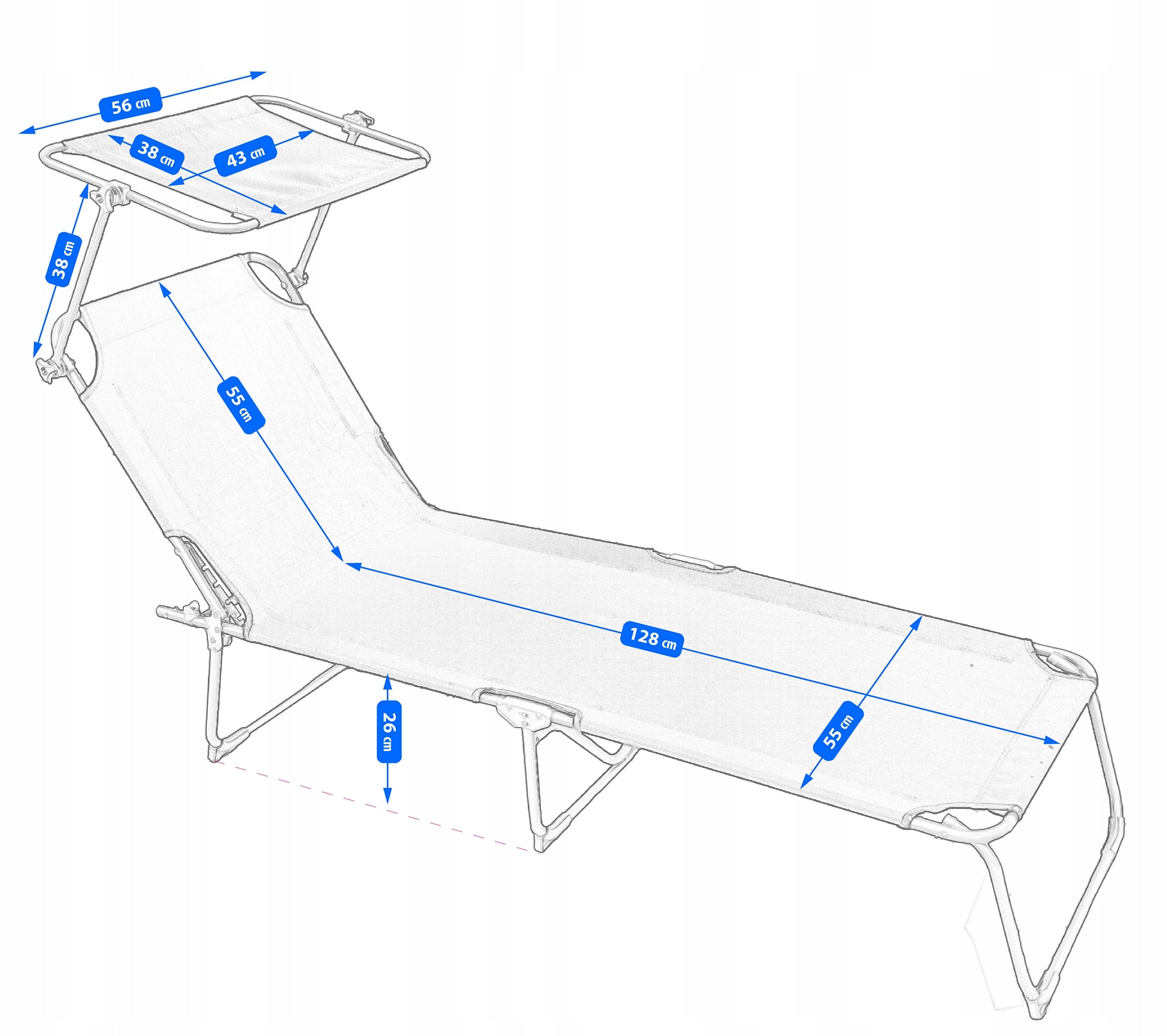 FOLDING GARDEN COUCH WITH CANOPY BLACK STEEL BEACH CHAIR SUN LOUNGER Length (longer side) 183 cm