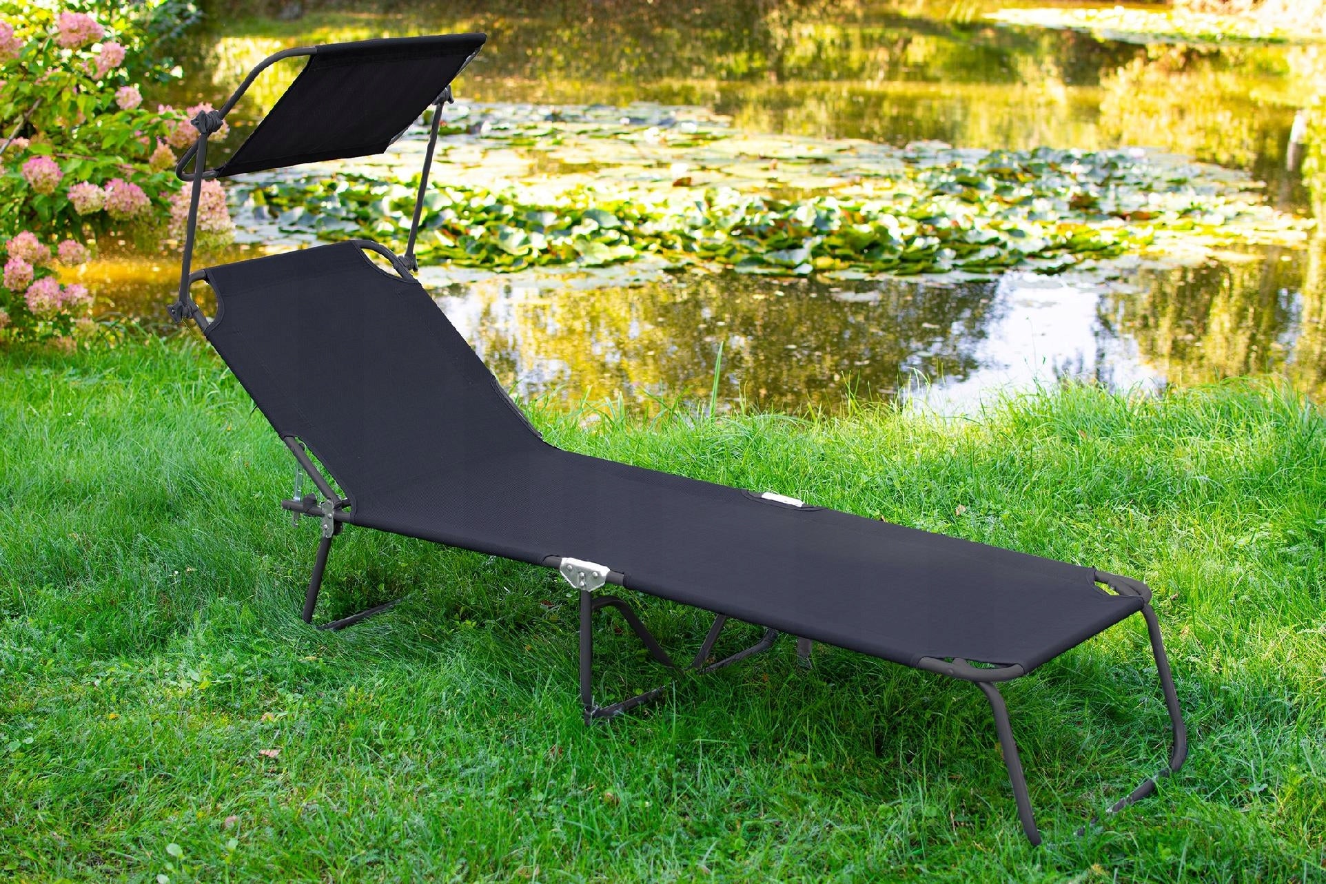 FOLDING GARDEN COUCH WITH CANOPY BLACK STEEL BEACH CHAIR SUN LOUNGER Manufacturer code OM-281677