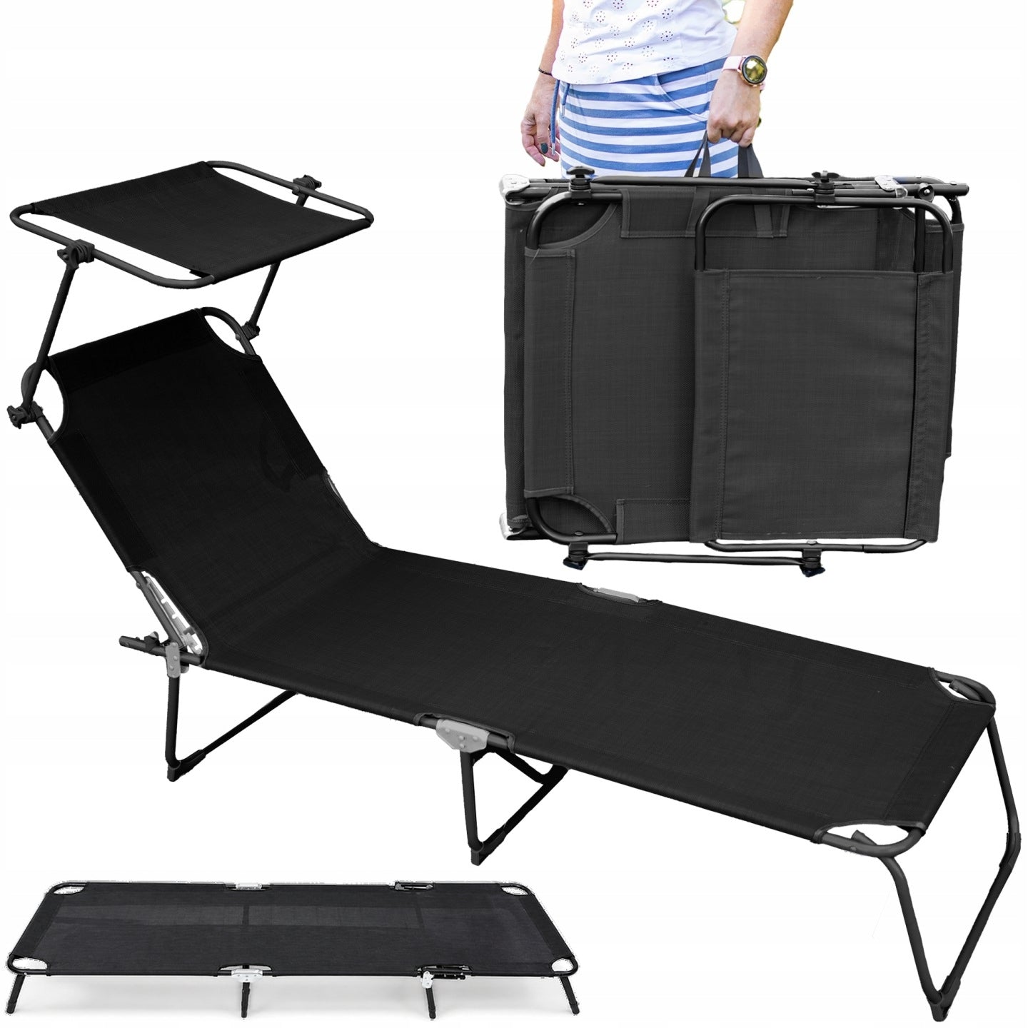 FOLDING GARDEN COUCH WITH CANOPY BLACK STEEL BEACH CHAIR SUN LOUNGER