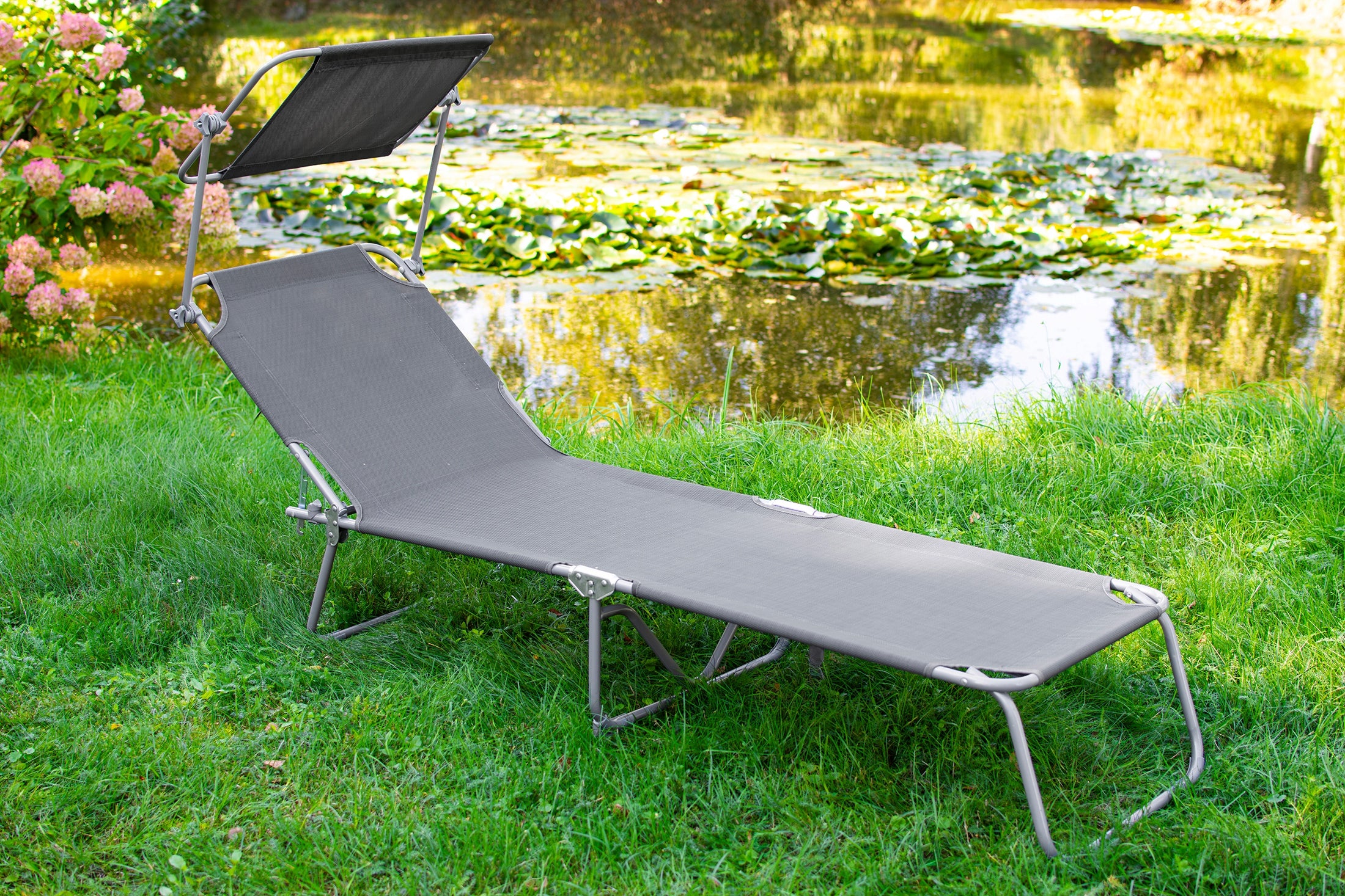 FOLDING GARDEN COUCH WITH CANOPY GREY STEEL BEACH CHAIR SUN LOUNGER Color gray
