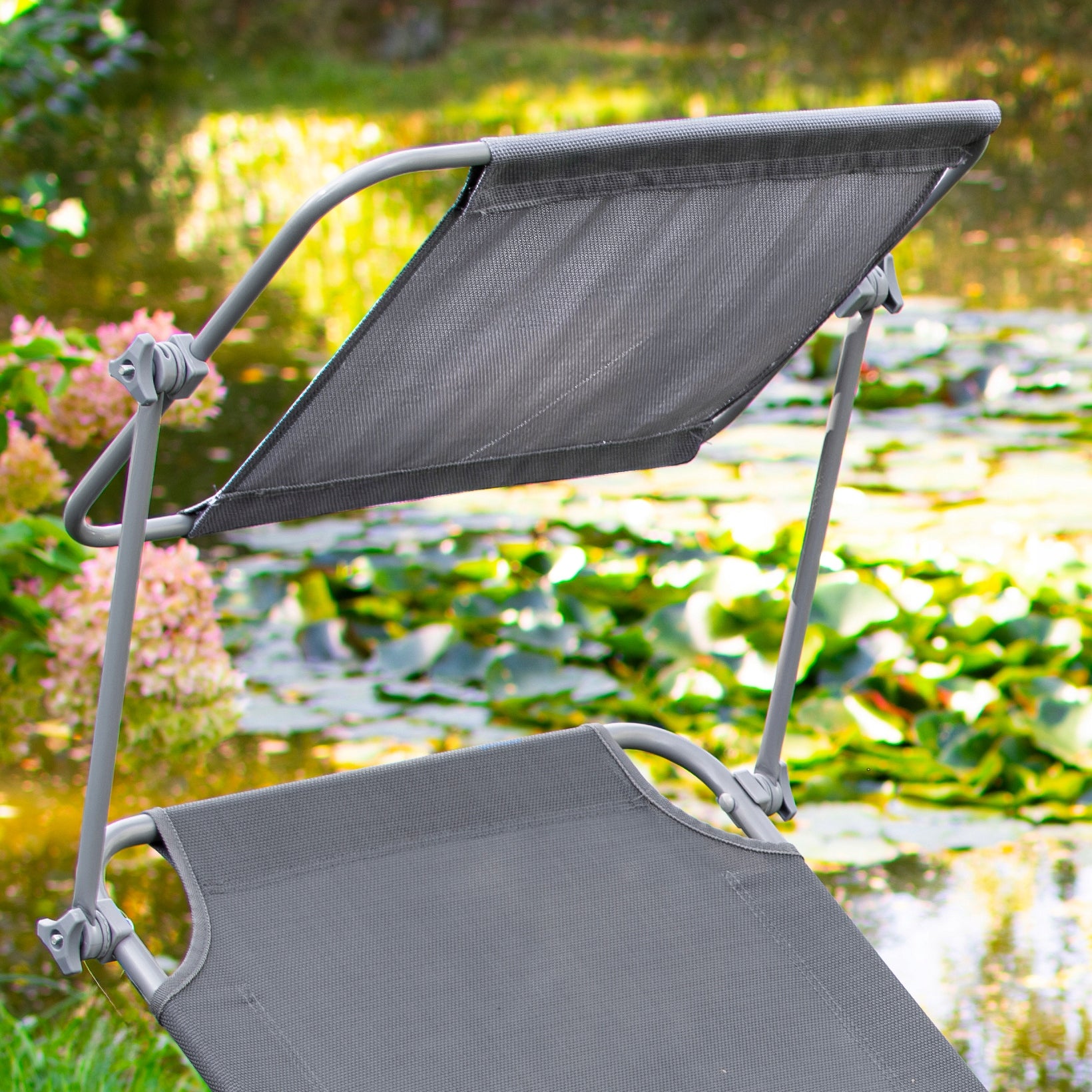 FOLDING GARDEN COUCH WITH CANOPY GREY STEEL BEACH CHAIR SUN LOUNGER Kind couch