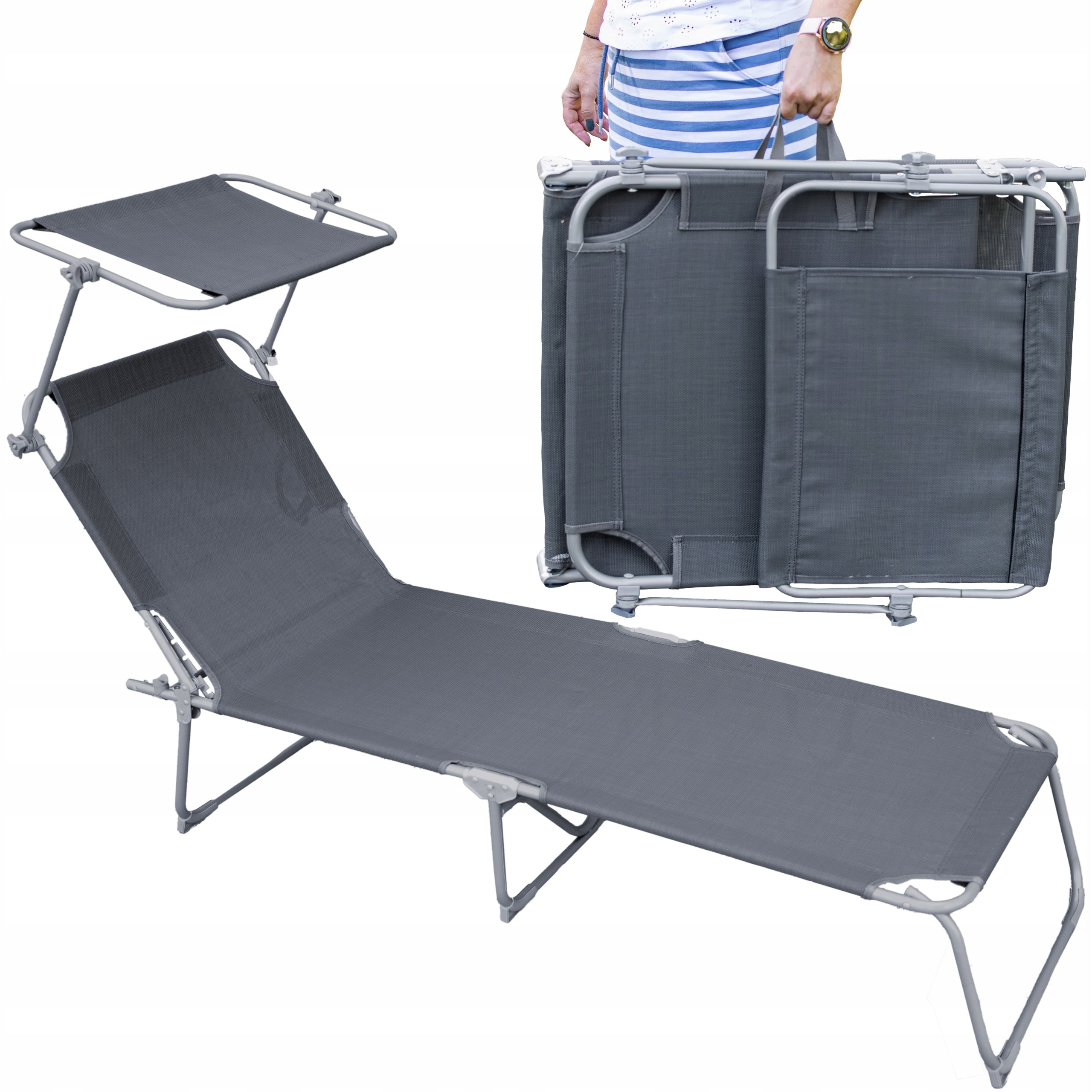FOLDING GARDEN COUCH WITH CANOPY GREY STEEL BEACH CHAIR SUN LOUNGER