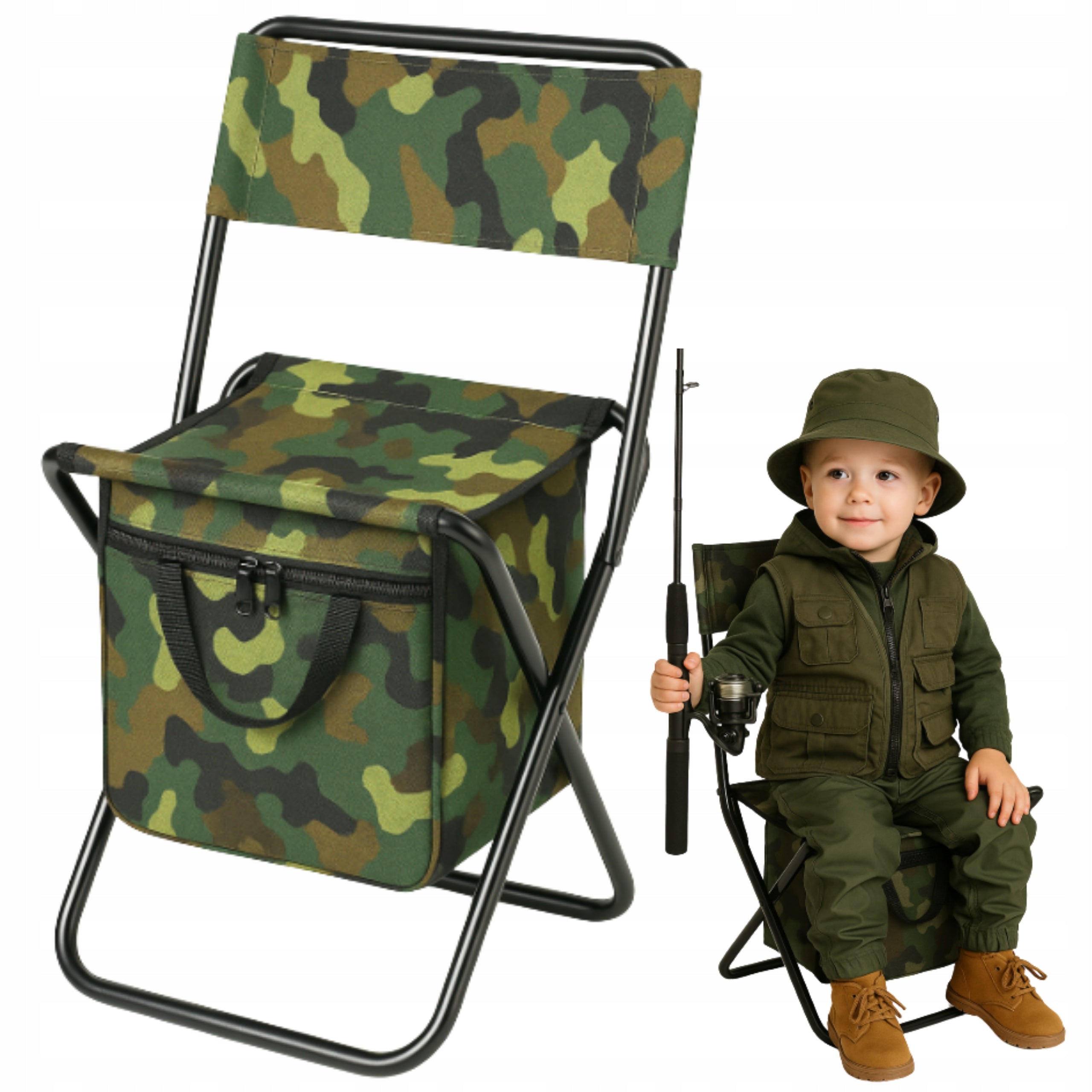 FOLDING HIKING CHAIR SMALL FISHING WITH BACKREST AND CAMO THERMOBAG