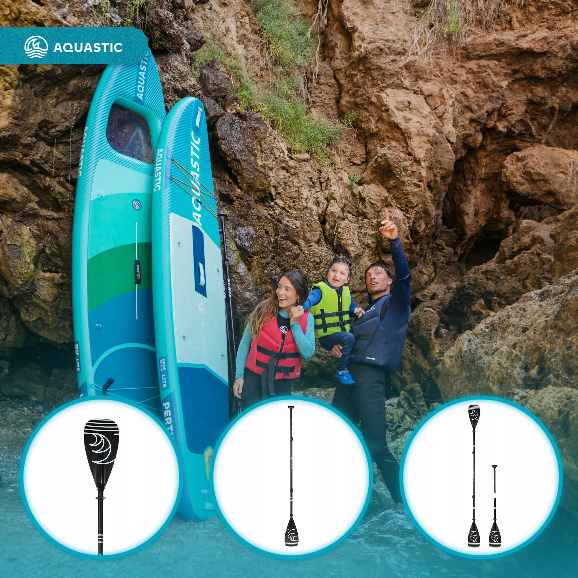 FOLDING SUP paddle 3-piece AQUASTIC 170-220 cm black KAYAK 2in1 Model AQS-SPD004