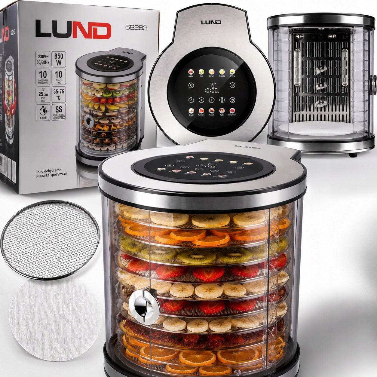 FOOD DRYER LUND 850W 10 TRAYS FOR VEGETABLE FRUIT MUSHROOMS TEMP ADJUSTMENT