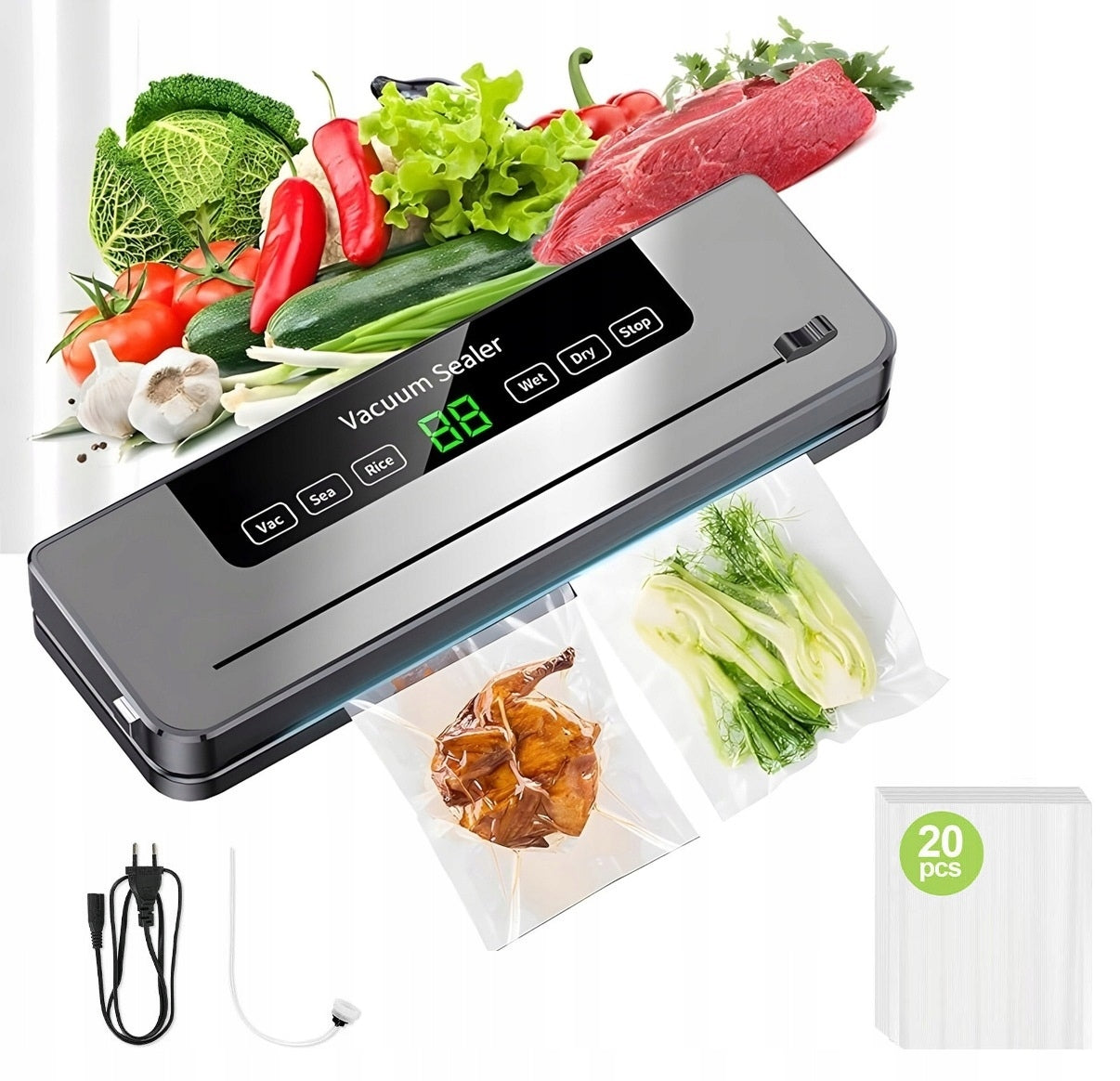 FOOD PACKAGING VACUUM WELDING MACHINE WITH FOIL KNIFE AND BAGS