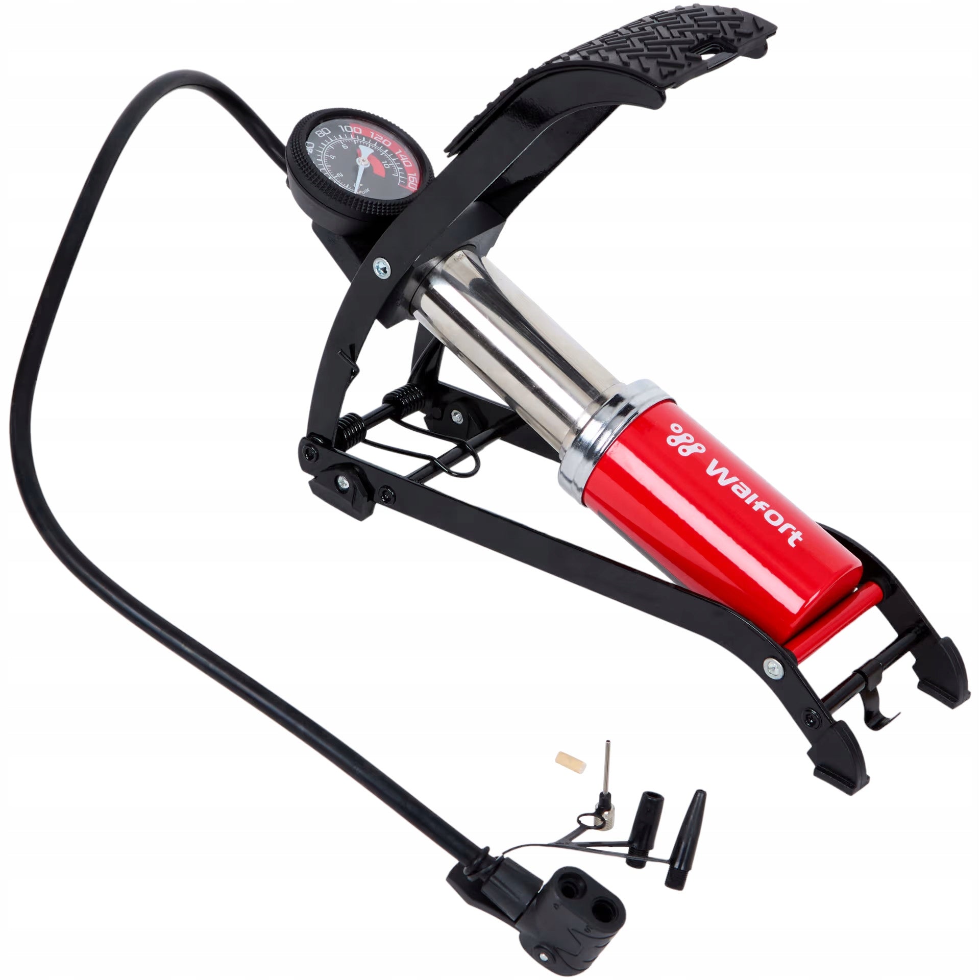 FOOT PUMP WITH HOSE FOR BICYCLE CAR WHEELS WITH PRESSURE GAUGE + TIPS Manufacturer code 3016298