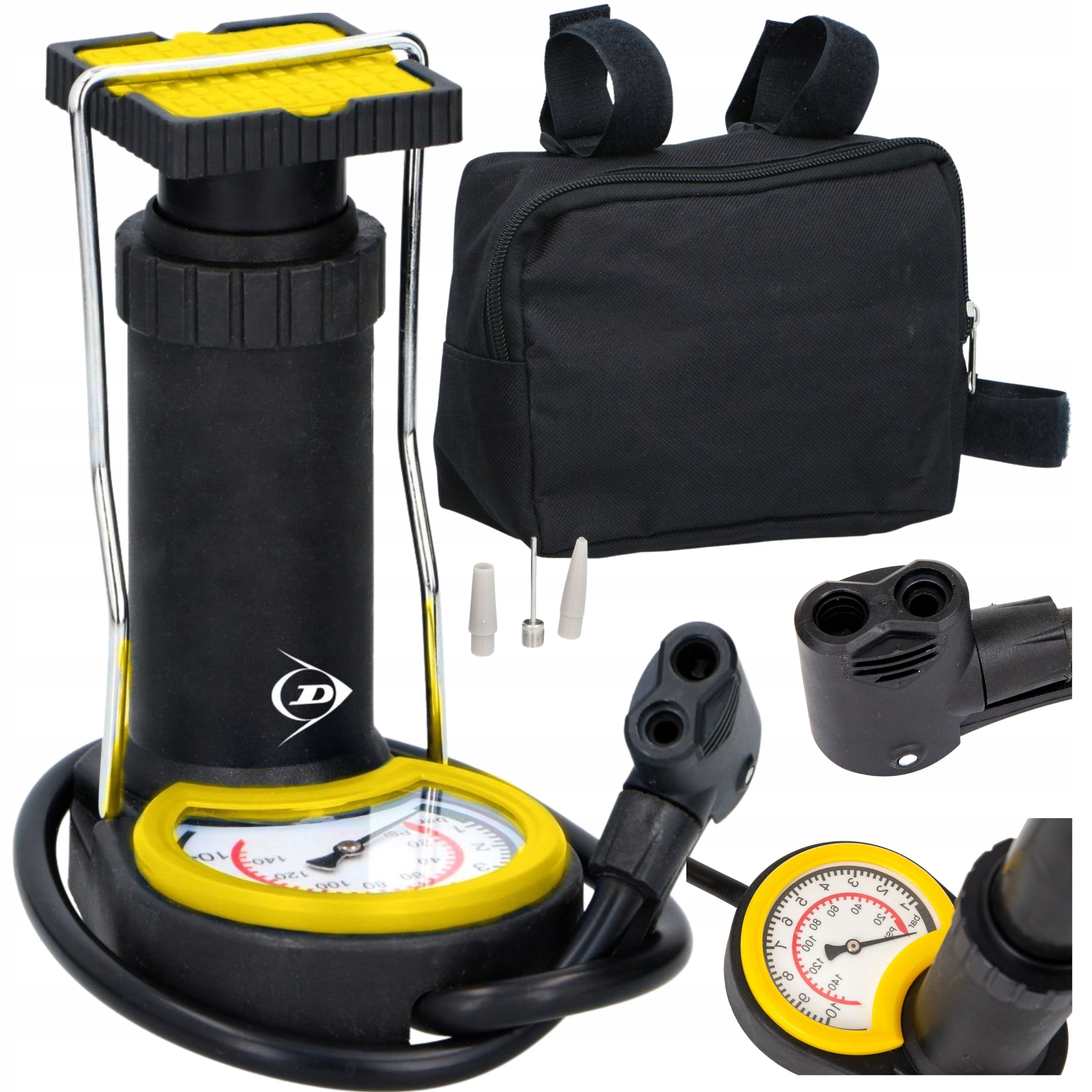 FOOT PUMP WITH PRESSURE GAUGE FOR MATTRESS BIKE DUNLOP 3 ADAPTERS + CASE