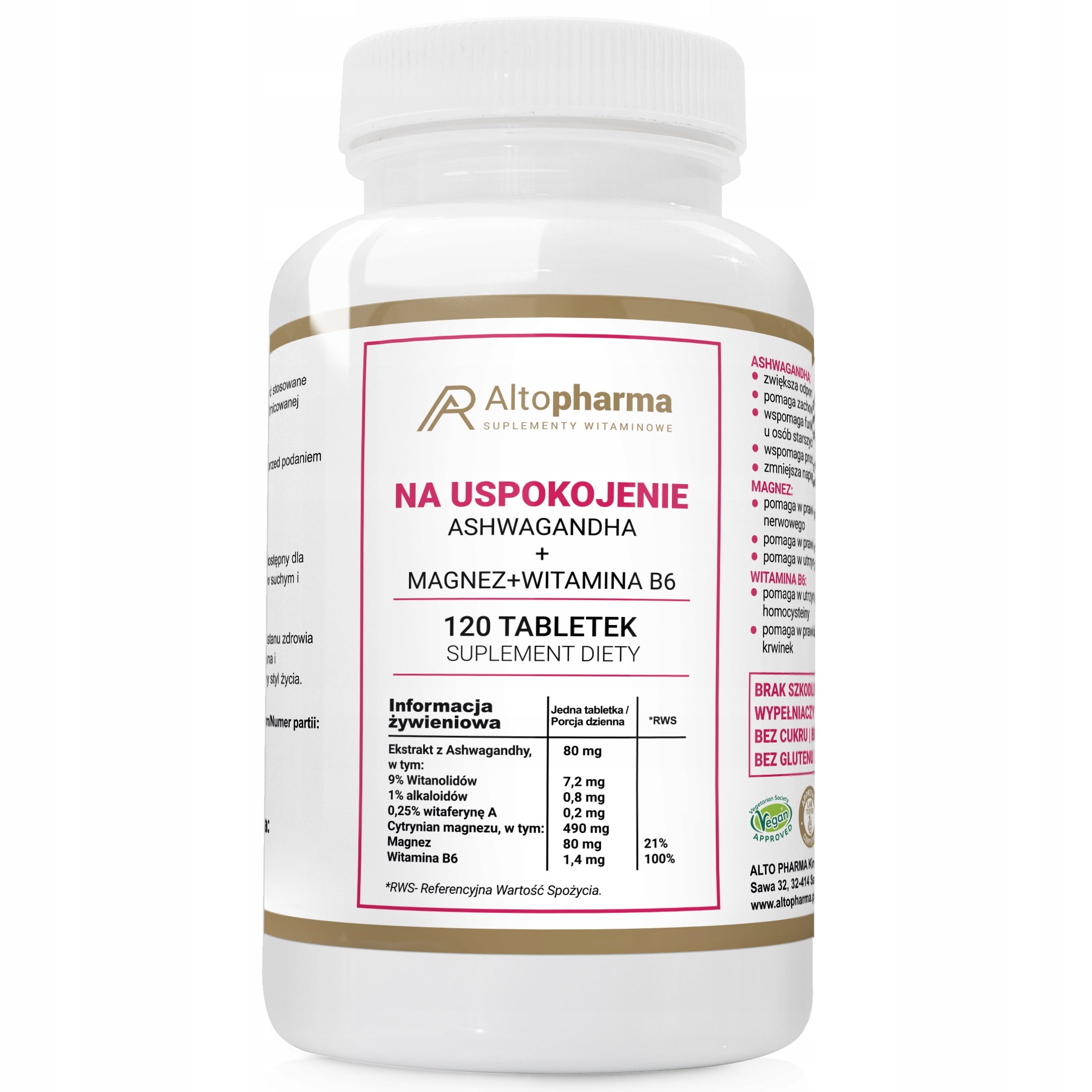 FOR SEDATION ASHWAGANDA + MAGNESIUM + VIT B6 Alto Pharma 120 tabl.