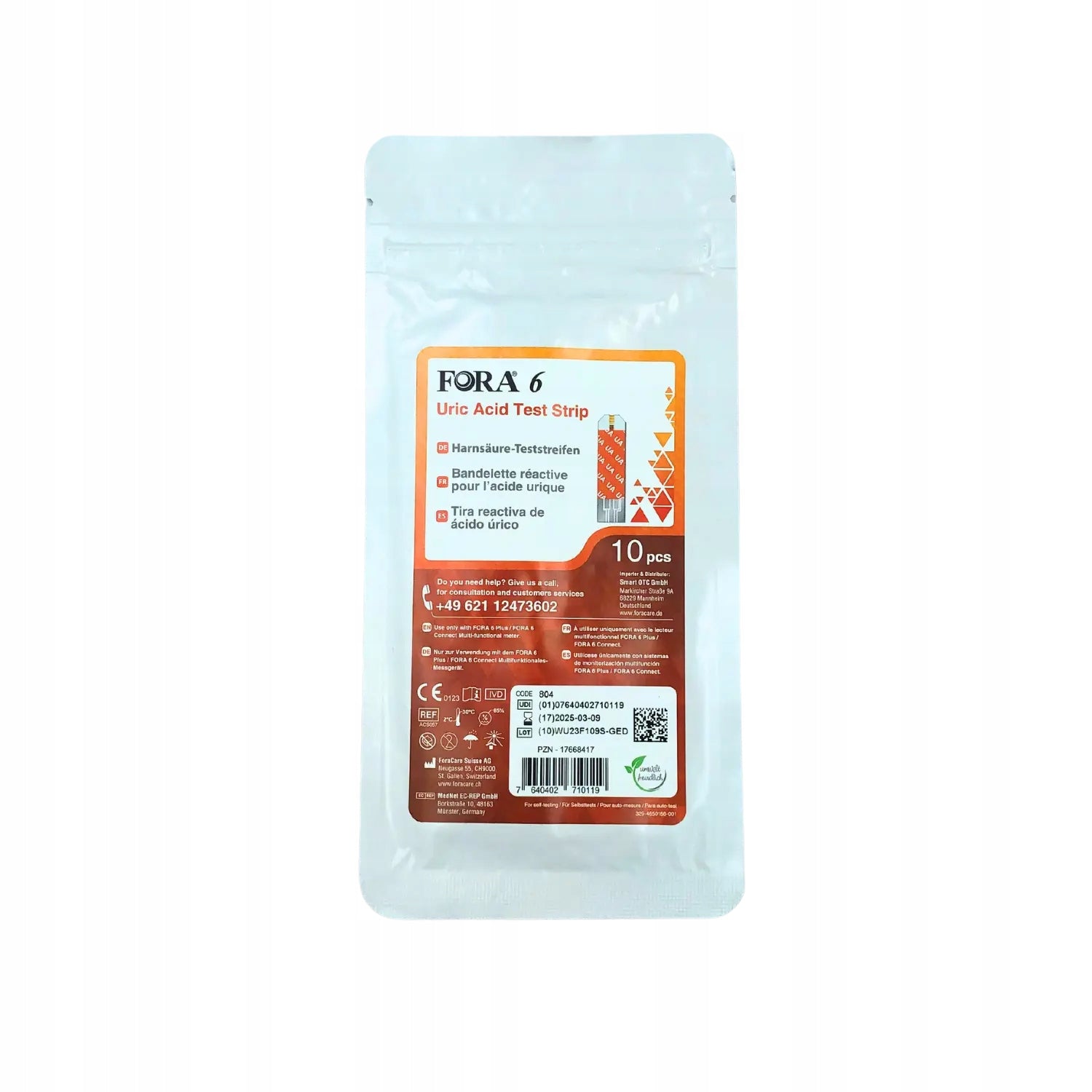 FORA 6 Uric Acid Test Strip 10pcs foil pack/per zip bag Manufacturer of a medical device ForaCare Suisse AG