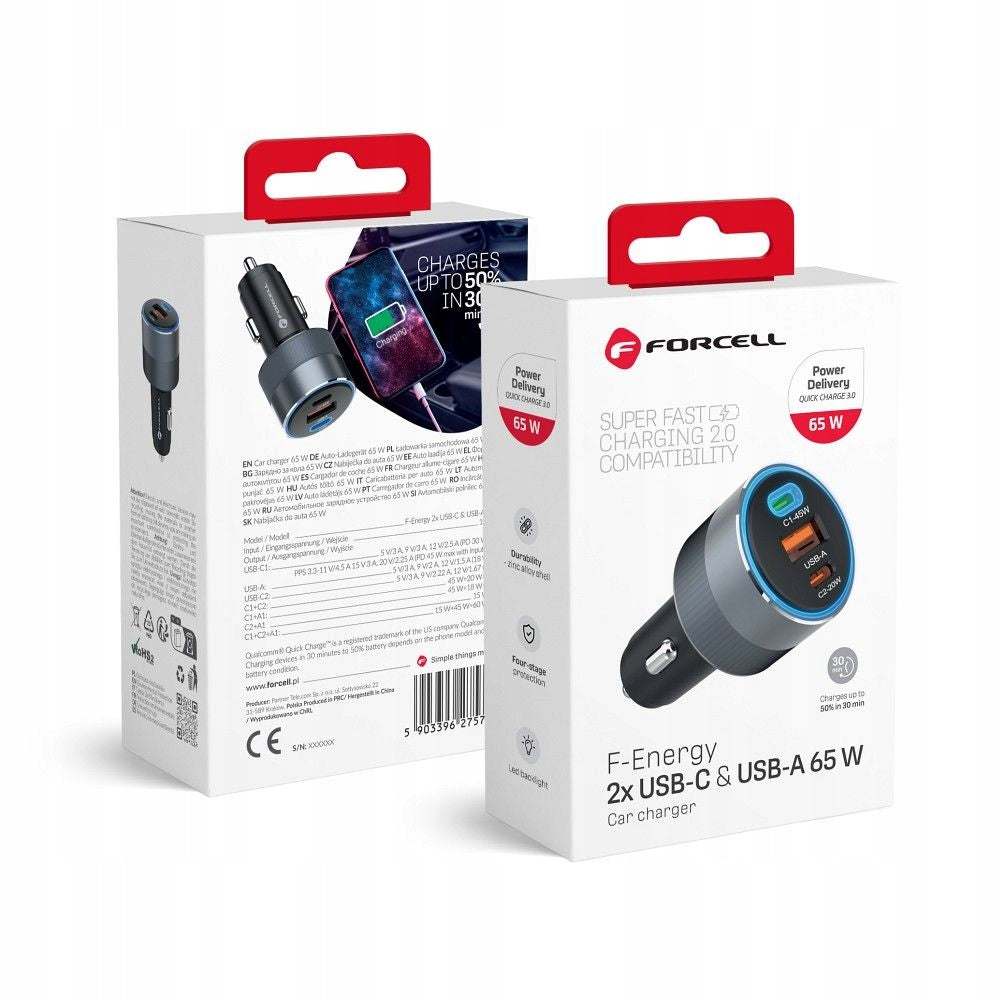 FORCELL F-ENERGY Alu car charger 65W PD+QC4.0+SAM 2xUSB C+USB A